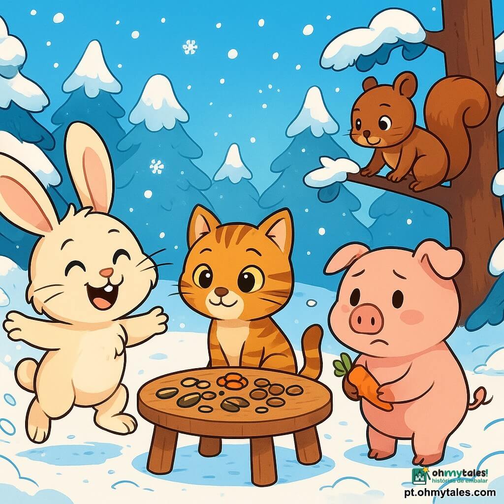 Um pequeno coelhinho travesso, chamado Bolota, com um pelo macio e felpudo, grandes orelhas e um sorriso alegre, salta na neve cintilante, seus olhos brilhando de excitação. Ao seu lado, Mia, uma pequena gata de olhos brilhantes e pelagem listrada, treme levemente, mas seu rosto está iluminado por um sorriso caloroso. Um pouco mais adiante, Tico, um esquilo de pelagem marrom e bochechas redondas, sobe em um galho, olhando com curiosidade, enquanto Pimpão, um porquinho rosa com uma expressão contrita, se mantém afastado, segurando um pedaço de cenoura compartilhado. O cenário é uma floresta encantada, onde as árvores estão cobertas por uma espessa camada de neve branca, e flocos caem suavemente do céu azul claro. No centro da cena, os amigos se reúnem em torno de uma pequena mesa de madeira, cheia de sementes e guloseimas, compartilhando um momento de alegria e camaradagem no inverno.