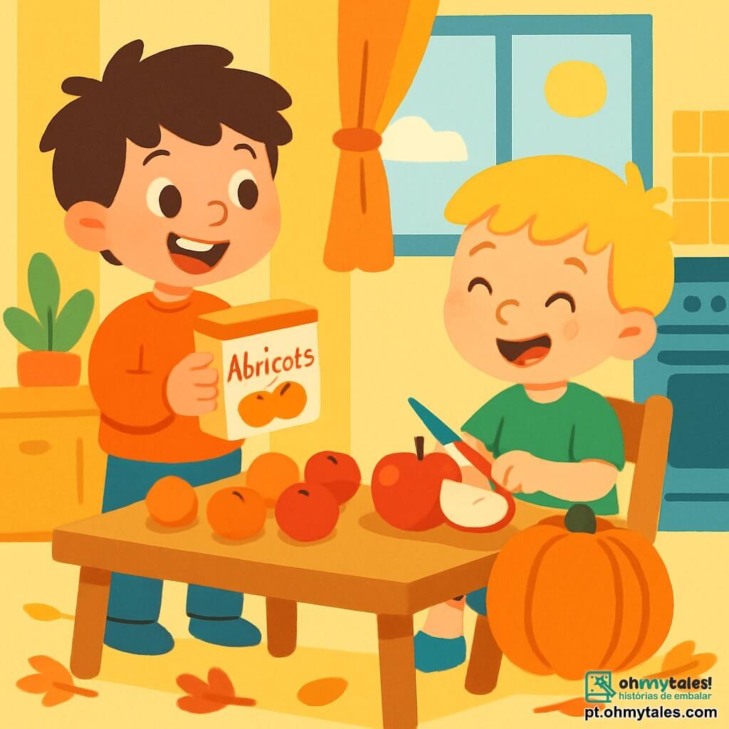 Há 2 personagens principais: - Miguel: um garoto de 6 anos, com cabelos castanhos bagunçados, vestindo um suéter laranja e uma calça azul. Ele está em pé perto da mesa da cozinha, sorrindo e segurando uma caixa de damascos. - Lucas: um garoto de 5 anos, com cabelos loiros e sardas, vestindo uma camiseta verde e um short de jeans. Ele está sentado em uma cadeira, cortando uma maçã com uma pequena faca de plástico. O local é uma cozinha acolhedora, com paredes amarelas e janelas que deixam entrar a luz do sol. Na mesa, há damascos, maçãs vermelhas e uma grande abóbora laranja. Folhas de outono em cores vivas estão espalhadas pelo chão. A cena principal mostra Miguel e Lucas cozinhando juntos, cercados por frutas de outono, rindo e se divertindo, prontos para preparar uma deliciosa receita.