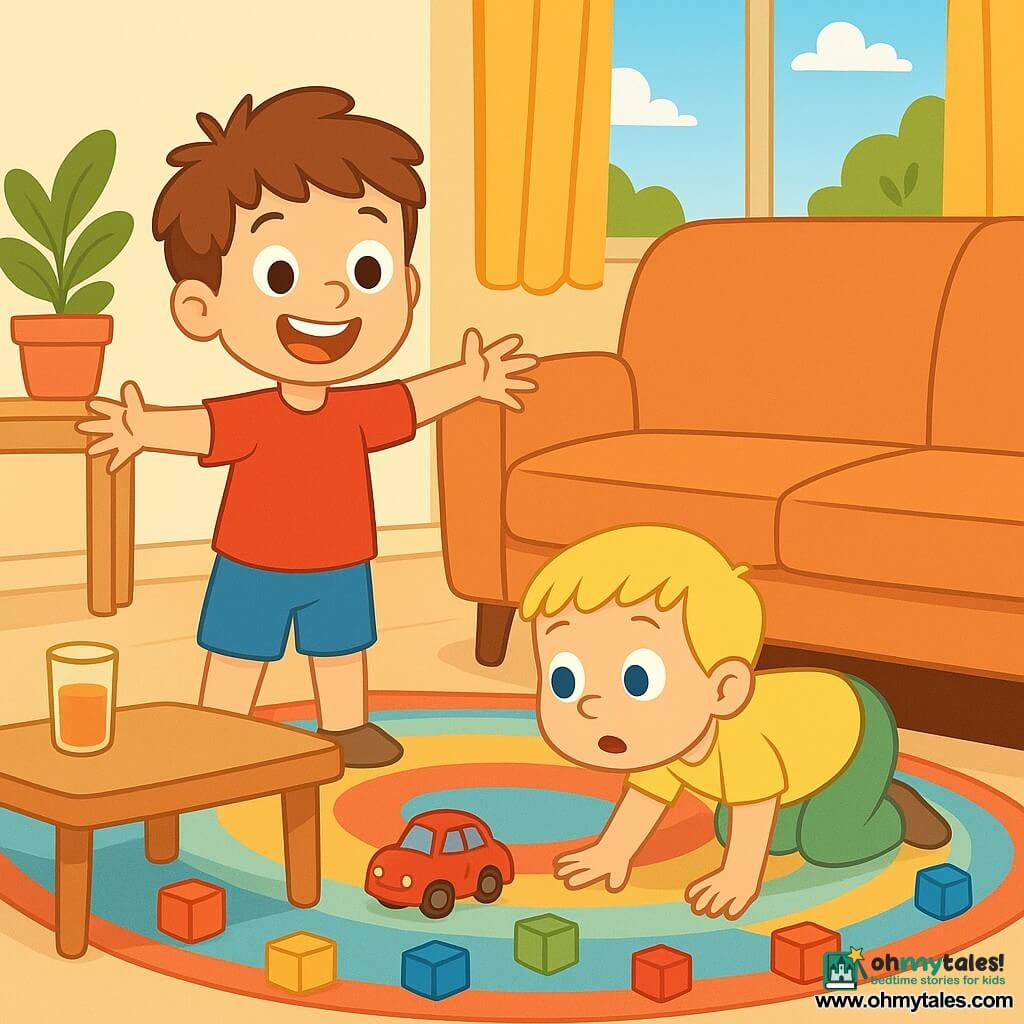 There are two main characters: Leo, a 5-year-old boy with messy brown hair and sparkling eyes, wearing a red t-shirt and blue shorts, standing with arms outstretched and a big smile on his face; and Max, a 4-year-old boy with blonde hair and blue eyes, wearing a yellow t-shirt and green pants, crouched down looking under the sofa with a curious expression. The setting is a bright and welcoming living room with a large plush sofa, a colorful rug on the floor, and toys scattered around. A wooden coffee table is in the center with a glass of juice next to a small red toy car. The main situation shows Leo and Max on a quest to find Leo's red car, with Leo joyful and enthusiastic while Max focuses on searching under the sofa. Building blocks are scattered around them, adding color and playfulness to the scene.
