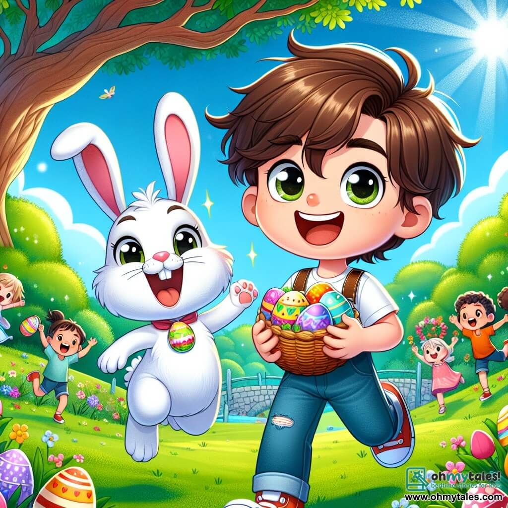 An 8-year-old boy, Lucas, with messy brown hair and sparkling curious eyes, stands in the center of the image, holding a colorful egg in his hands with a big smile on his face, full of excitement. Next to him is the famous Easter Bunny, a white rabbit with large ears, a pink nose, and bright eyes, joyfully hopping while holding a basket filled with multicolored eggs. The setting is a green park, with a majestic oak tree in the background, its wide branches offering shade, and vibrant flowers scattered on the ground. Children are laughing and running around, searching for hidden eggs, while a clear sunny blue sky illuminates the scene. The main situation shows Lucas and the Easter Bunny celebrating their success after finding the magical Easter egg map, surrounded by a joyful and festive atmosphere filled with bright colors and happiness.