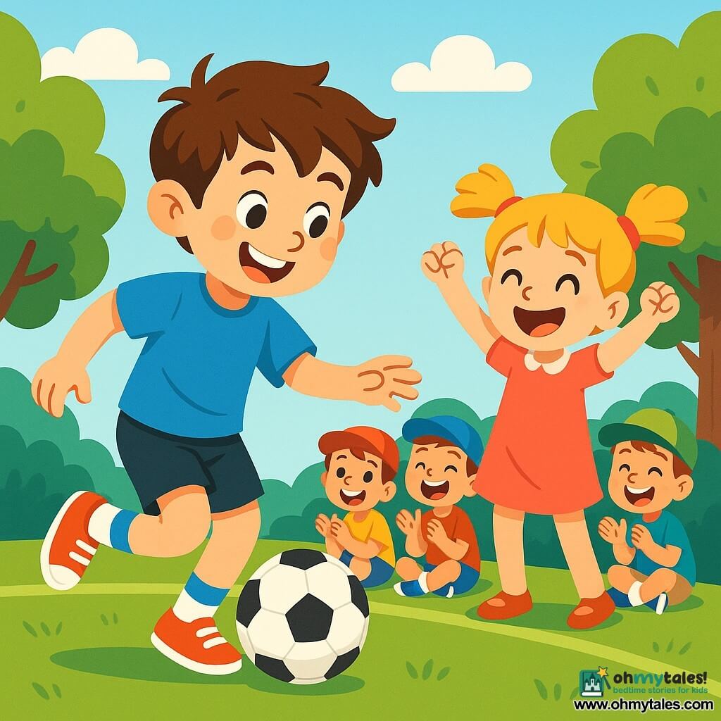 A young man named Jack, with messy brown hair and a big smile, dribbles a soccer ball on a grassy field. He wears a bright blue jersey and black shorts, and his face shows joy and focus. Nearby, an 8-year-old girl, Emily, with blonde pigtails and a pink dress, encourages him with her arms raised, full of enthusiasm. A group of boys aged 7 to 9 sits on the edge of the field, clapping and laughing, wearing colorful caps. The field is surrounded by lush green trees and a bright blue sky, creating a joyful and dynamic atmosphere. The scene shows Jack in action, ready to pass the ball to Emily, while the children around them are excited for the friendly match.