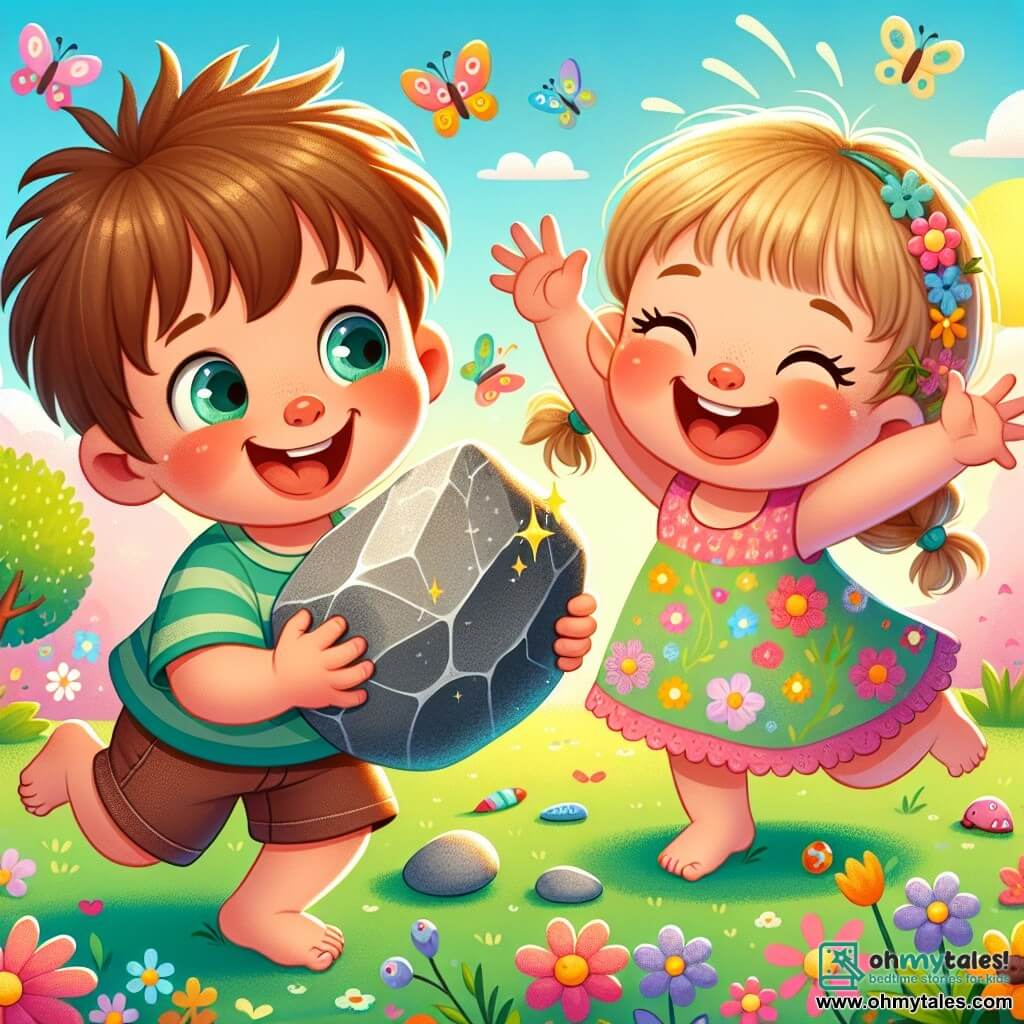 A 2-year-old boy with messy brown hair and sparkling eyes holds a shiny rock in his little hands. He has a wide smile, his round pink cheeks showing his excitement. Next to him, his 4-year-old sister with braided blonde hair and a colorful flower dress is laughing joyfully, jumping in place with her arms raised to the sky. They are in a sunny garden filled with colorful flowers, fluttering butterflies, and lush trees, with a well-kept lawn scattered with a few toys. The main scene shows the boy and his sister playing together, imagining the rock is magical, capable of making leaves fly and turning them invisible, filled with laughter and joyful gestures.