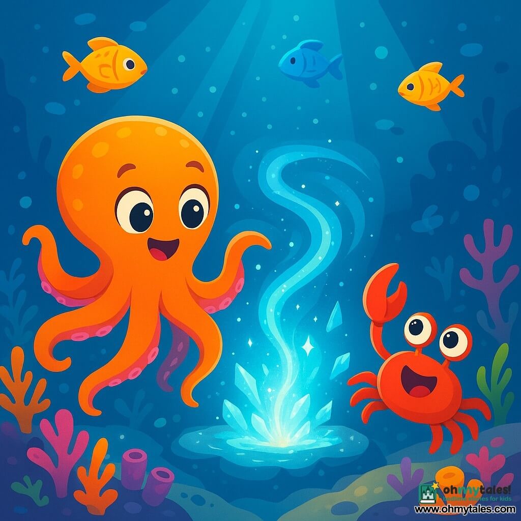 Finley, a charming brightly colored octopus with wavy arms and sparkling curious eyes, explores a mysterious underwater rift. He shows a look of wonder, his tentacles reaching towards a bright glow. Beside him, Pebble, a small bright red crab with amusing claws, displays an expression of joy and excitement, hopping on his legs while scanning the surroundings. The setting is an enchanting underwater world filled with colorful corals, shimmering fish, and rays of light filtering through the water, creating a magical atmosphere. At the center of the scene, a whirlpool of sparkling water draws the two friends closer, surrounded by shining crystals and friendly sea creatures swimming around them. The main situation shows Finley and Pebble, amazed, approaching the mysterious rift, ready to discover its dazzling secrets.