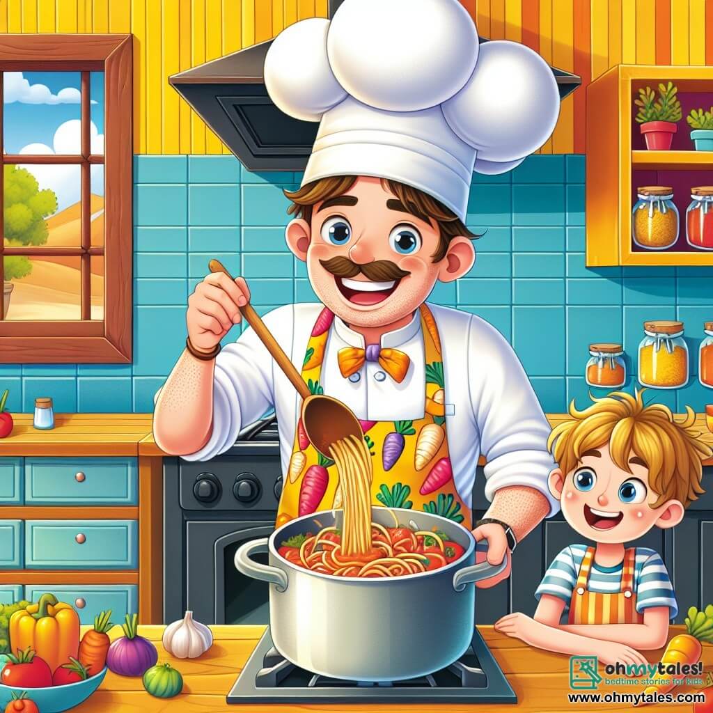 A cheerful chef in his fifties, wearing a large white hat shaped like a cloud and a colorful apron decorated with dancing carrots, stands in the center of the kitchen. His face radiates happiness, and his eyes sparkle with excitement as he stirs a large pot of spaghetti and tomato sauce. Next to him is an 8-year-old boy named Timmy, with messy blonde hair and a bright smile, watching intently. He holds a small wooden spoon, eager to help, standing on tiptoe to see better. The spacious, bright kitchen has vivid yellow walls, shelves filled with colorful spice jars, and a large window letting in sunlight. Fresh vegetables are laid out on the wooden countertop, and the air is filled with the delicious aroma of simmering sauce. In this scene, the chef and Timmy are preparing spaghetti together, sharing laughter and joy, highlighting the love of cooking and the importance of spending time together.