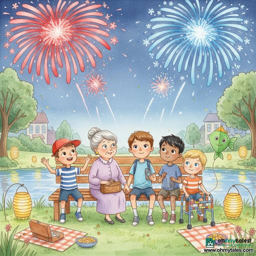 Five characters sit on a warm wooden bench by a shimmering pond: Tommy, about 8, short chestnut hair, light blue tee and small backpack, seated center holding Leo’s hand and with a music player in his jacket pocket; Ben, about 8, red cap, star-patterned shoes and striped shirt, left of Tommy, cheering and applauding toward the sky; Omar, about 8, black hair, a green kite peeking from his bag like a joyful fish, right of Tommy holding a folded kite string; Leo, about 7, fine blond hair, colorful walker with stickers, at the bench’s right end smiling shyly while holding Tommy’s hand; and an elderly woman, about 70, silver hair in a bun, wearing a lavender dress with a small wooden suitcase beside her, seated between Ben and Tommy with a comforting hand on Tommy’s shoulder. The setting is a cozy wooden bench by a bright pond, green grass dotted with paper lanterns, checkered cloths, bowls of crackers and an open small suitcase, trees with brushstroked leaves and townhouses with hanging lanterns in the background. It’s a fireworks evening: a deep blue night sky burst with large red and blue blooms and falling sparks like flowers, the characters watch in wonder, Tommy squeezes Leo’s hand and the elderly woman smiles, watercolor splashes suggest warm light and atmosphere.