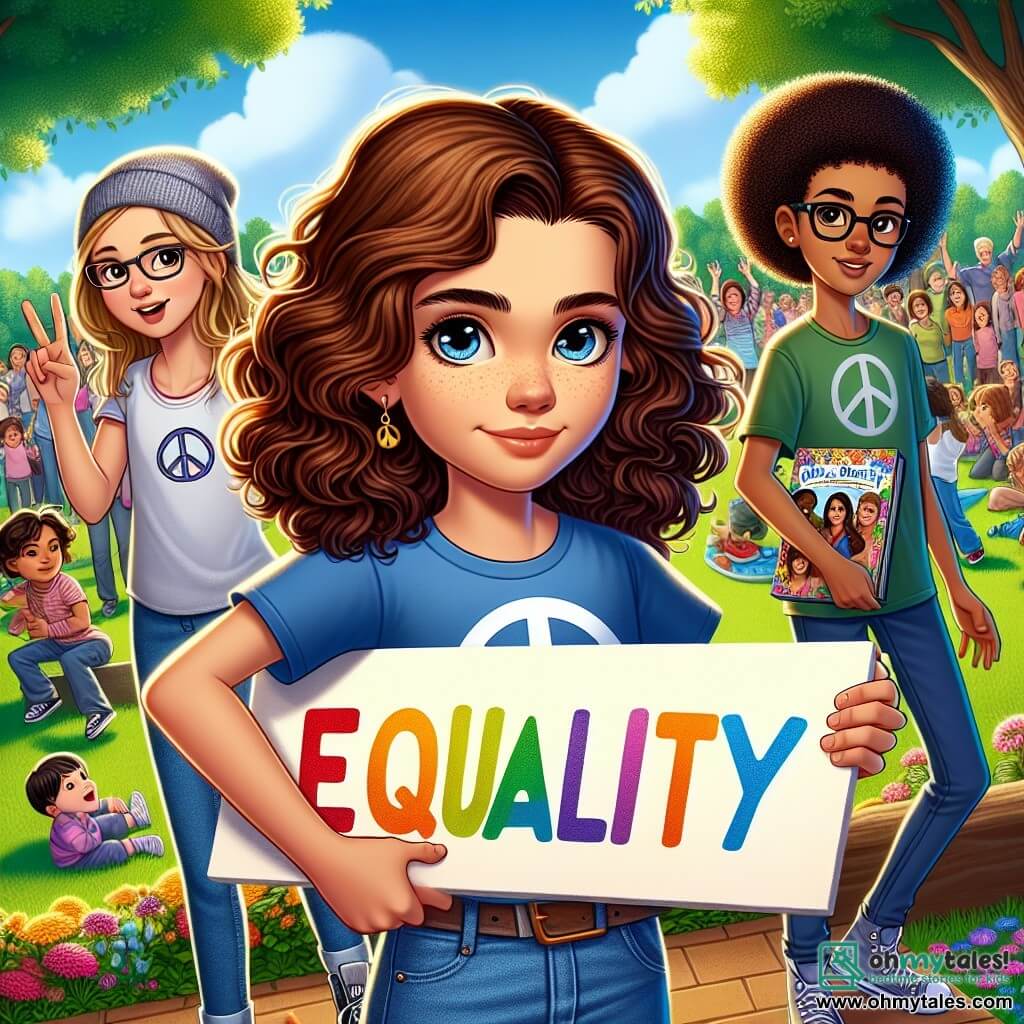A 12-year-old girl, Maya, with curly brown hair and sparkling eyes, stands in the center of the image. She has a determined and passionate expression, holding a sign that says "Equality" in colorful letters. Maya is wearing a blue t-shirt with a peace symbol and jeans. Next to her is Sarah, another 12-year-old girl with blonde hair and glasses, smiling and encouraging her while holding a book on diversity. A 12-year-old boy, Liam, with black hair and fair skin, stands a bit behind, holding a camera to capture the moment. The setting is a sunny park filled with families and children of different ethnic backgrounds playing and chatting together. Green trees and colorful flowers surround the scene, creating a joyful and welcoming atmosphere. Maya, Sarah, and Liam are preparing for a community event to celebrate diversity and promote equality, displaying smiles and positive energy, ready to share their message with the world.