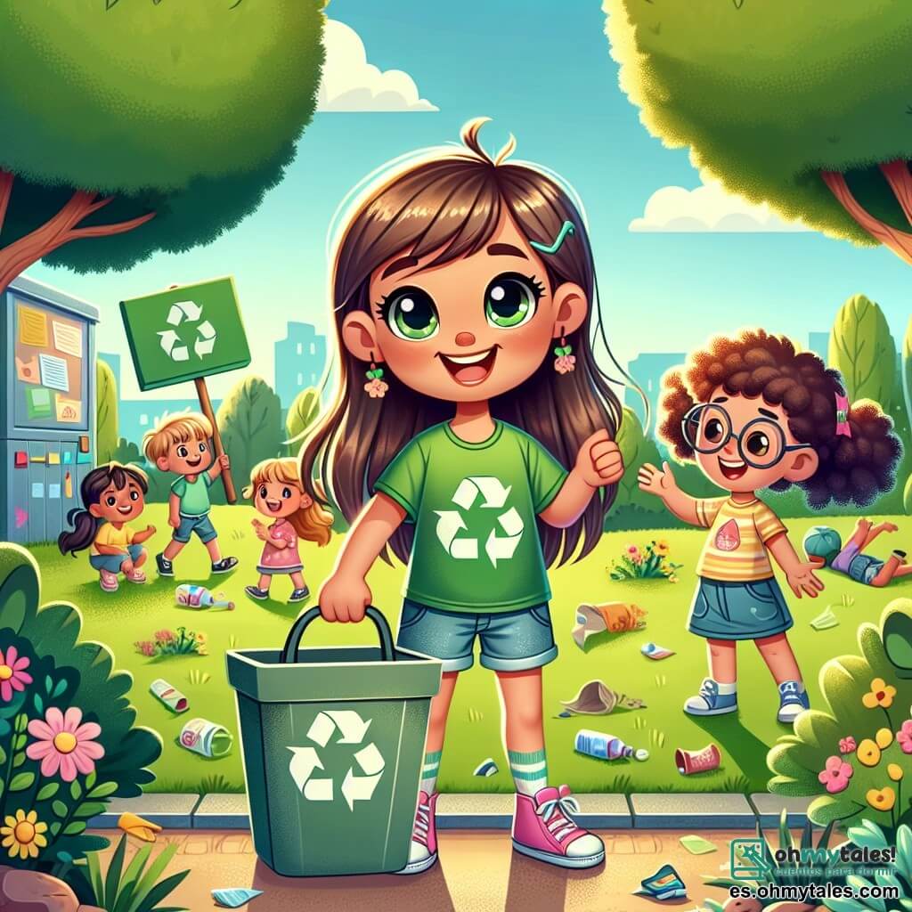 Una niña de 8 años, Clara, con largos cabellos castaños y ojos llenos de curiosidad, sonríe alegremente mientras sostiene un gran contenedor de reciclaje. Lleva una camiseta verde brillante con un dibujo de un árbol y un short de mezclilla, mostrando su entusiasmo por la protección del medio ambiente. Junto a ella, su mejor amiga Sofía, también de 8 años, con cabello rizado y gafas redondas, la anima levantando un cartel colorido que dice "¡Por un barrio más limpio!". El lugar es un parque soleado, lleno de árboles verdes, flores coloridas y césped bien cuidado, donde juegan niños y pasean familias. Clara y Sofía están sensibilizando a otros niños sobre la importancia del reciclaje, rodeadas de basura que están a punto de recoger. La atmósfera es alegre y dinámica, con niños riendo y participando en la gran limpieza del parque.