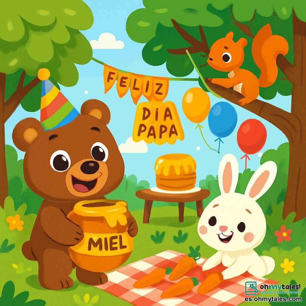 Un pequeño oso marrón, alegre y emocionado, con grandes ojos brillantes y una amplia sonrisa, está preparando una fiesta en un parque verde. Lleva un pequeño sombrero de fiesta colorido y sostiene un gran tarro de miel. Junto a él, un adorable conejo blanco con grandes orejas y mejillas rosas está colocando zanahorias sobre un mantel a cuadros rojos y blancos. Una ardilla roja, curiosa y entusiasta, trepa por una rama para colgar globos de colores. El parque está lleno de grandes árboles con hojas verdes brillantes, flores multicolores y una suave luz del sol que se filtra entre las ramas. Al fondo, hay un gran pastel de miel sobre una mesa decorada, listo para ser degustado. La escena muestra al oso y sus amigos preparando una sorpresa alegre para el Día del Padre, llena de risas y camaradería.
