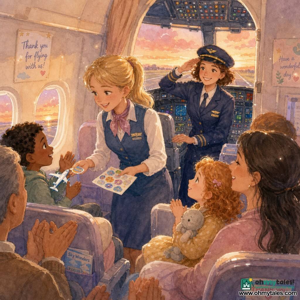 A female pilot about 30 with short brown hair under a blue captain's cap, smiling with bright eyes, stands in the cockpit saluting out the window, confident and kind with hands on the dashboard; a female flight attendant about 25 with blonde ponytail smiles in the aisle handing stickers to children, one step forward of the pilot; a 6-year-old black-haired boy at the left window applauds holding a small plastic plane; a 4-year-old red curly-haired girl sits on her mother's lap at the right, admiring the pilot and clutching a gray comfort toy; interior of an airplane at sunset with pastel seats, round windows glowing pink-orange, a detailed dashboard with colorful buttons; scene shows a successful landing with gentle applause, calm joyful mood, warm watercolor tones and white pen highlights on windows and wings.