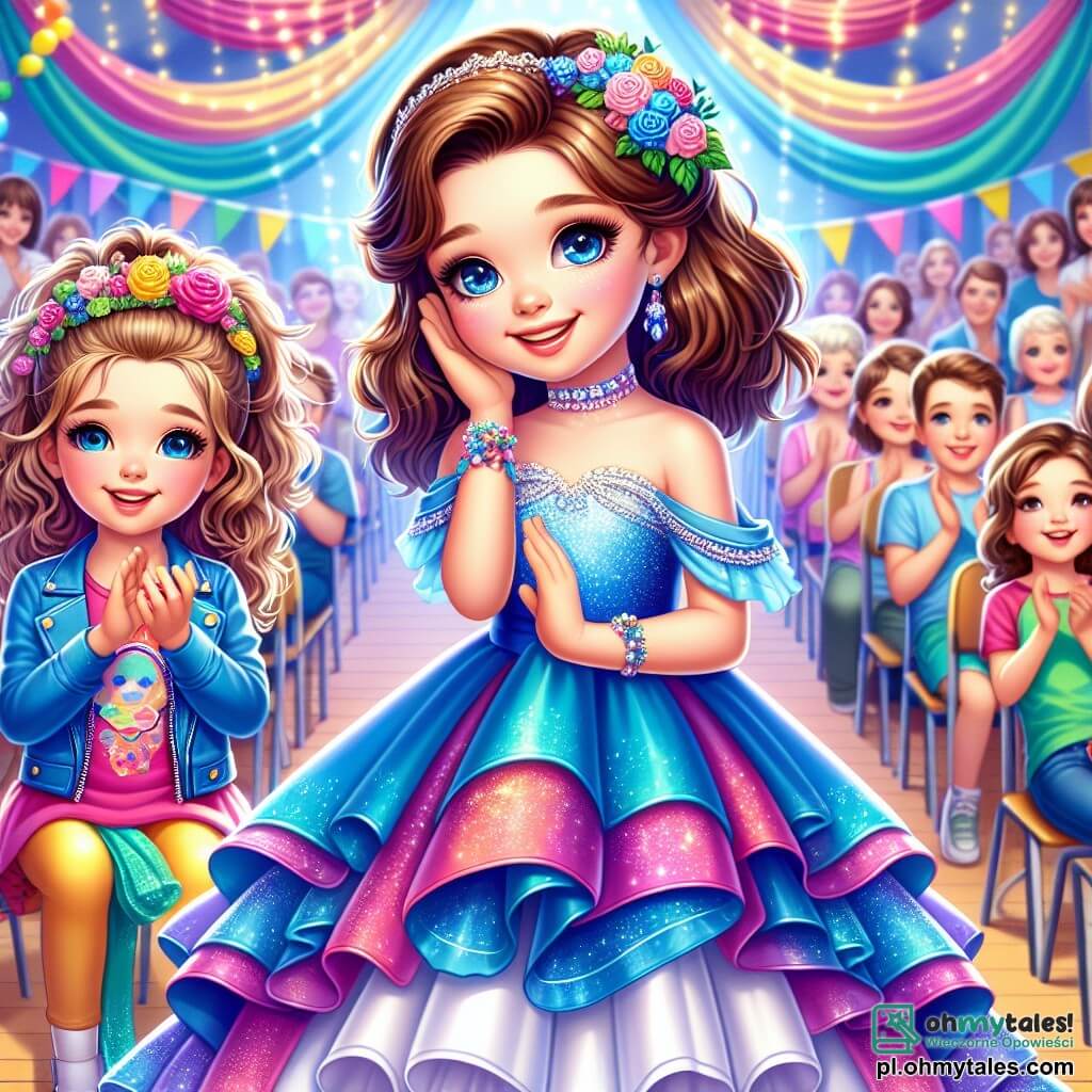 Ania, 11-letnia dziewczynka, stoi na środku sceny, promieniując dumą i radością. Ma na sobie piękną niebieską sukienkę, a jej brązowe włosy są związane w ładnego kucyka, a twarz rozświetla szeroki uśmiech. Obok niej stoi jej najlepsza przyjaciółka, Kasia, 11-letnia dziewczyna z blond, kręconymi włosami, entuzjastycznie ją oklaskując, z błyszczącymi oczami pełnymi podziwu. Ma na sobie kolorowy t-shirt i dżinsy, stoi nieco z tyłu, ale jej ciepły uśmiech pokazuje bezwarunkowe wsparcie. Scena rozgrywa się w sali gimnastycznej udekorowanej kolorowymi balonami i girlandami, wypełnionej rodzicami i dziećmi siedzącymi na krzesłach, wszyscy są zafascynowani występem. Ania właśnie zakończyła swoją prezentację i zwraca się do publiczności, serce bije jej z ekscytacji i nerwowości. Oklaski rozbrzmiewają wokół niej, tworząc wibracyjną atmosferę szczęścia i sukcesu.