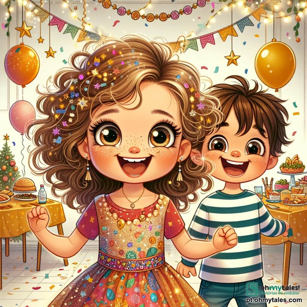 Uma menina de 4 anos, Lúcia, com grandes olhos brilhantes e cabelos cacheados, usa um vestido colorido decorado com padrões de confetes. Ela está cheia de alegria, pulando no lugar com um grande sorriso, pronta para celebrar o Ano Novo. Ao lado dela está seu irmão, Tomás, de 8 anos, com cabelos castanhos bagunçados e uma camiseta listrada. Ele ri segurando guirlandas brilhantes, pronto para decorar a casa. Sua mãe, uma mulher sorridente na casa dos trinta, com cabelos longos e lisos, está preparando um prato delicioso na mesa, cercada por comidas festivas. A cena acontece em uma sala aconchegante, decorada com luzes coloridas e balões flutuantes, com uma grande mesa cheia de iguarias. Estrelas douradas e flocos de neve de papel decoram as paredes, criando uma atmosfera festiva. Lúcia e sua família estão preparando a festa de Ano Novo, rindo e dançando juntos, enquanto aguardam ansiosamente a grande celebração da meia-noite.