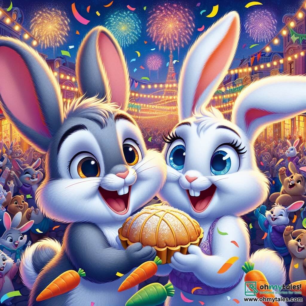 Basil, a small rabbit with big ears and soft gray fur, stands on his hind legs, his eyes shining with excitement and a wide smile on his face. He holds a piece of golden soufflé in his tiny paws, surrounded by colorful confetti falling from the sky. Aunt Petunia, an elegant rabbit with bright white fur and sparkling blue mittens, stands next to him, her eyes sparkling with joy as she laughs while catching falling pieces of carrots around them. The background shows the lively square of Lapinopolis, illuminated by twinkling lanterns and bright fireworks, with the Grand Carrot shining above, surrounded by many other festive animals all celebrating the New Year. The main scene depicts Basil and Aunt Petunia enjoying the joyful moment of the New Year’s celebration, surrounded by laughter and treats, as sparkling stars light up the night sky.