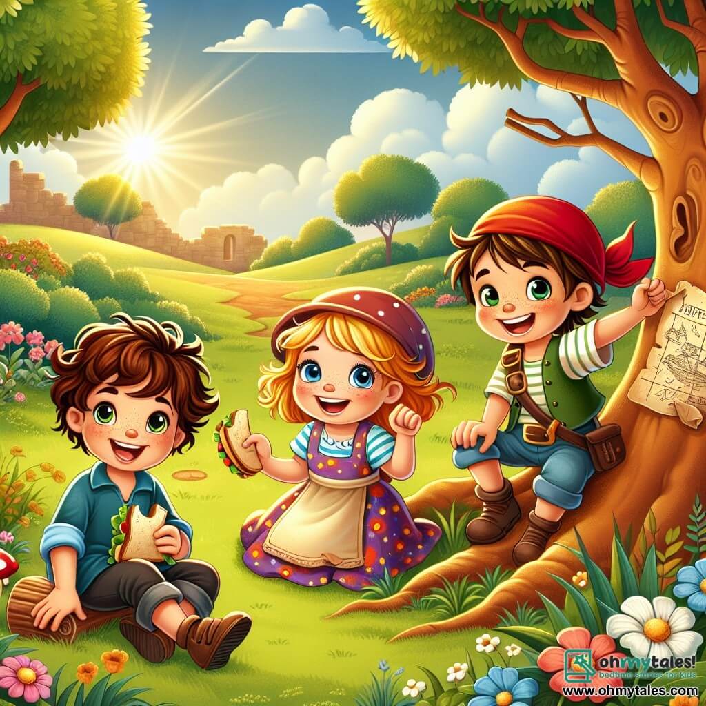 Three main characters: Oliver, a seven-year-old boy with curly hair and a bright smile, is sitting on the grass, holding a sandwich in one hand and a stick in the other, ready for adventure. Next to him is Emma, a seven-year-old girl with sparkling blue eyes, wearing a colorful dress, raising her arms in the air and laughing as if she were a pirate. Finally, Max, a seven-year-old boy in a red cap, is crouched near a tree, holding a handmade treasure map with a determined look on his face. The setting is a lush park bathed in golden light, with large leafy trees, colorful flowers, and a blue sky dotted with fluffy white clouds. In the distance, there is a small hill with an old tree trunk, perfect for imagining adventures. The main scene shows the three friends exploring, laughing, and playing together as they embark on an imaginary quest to find hidden treasure, surrounded by the beauty of nature and their joyful friendship.
