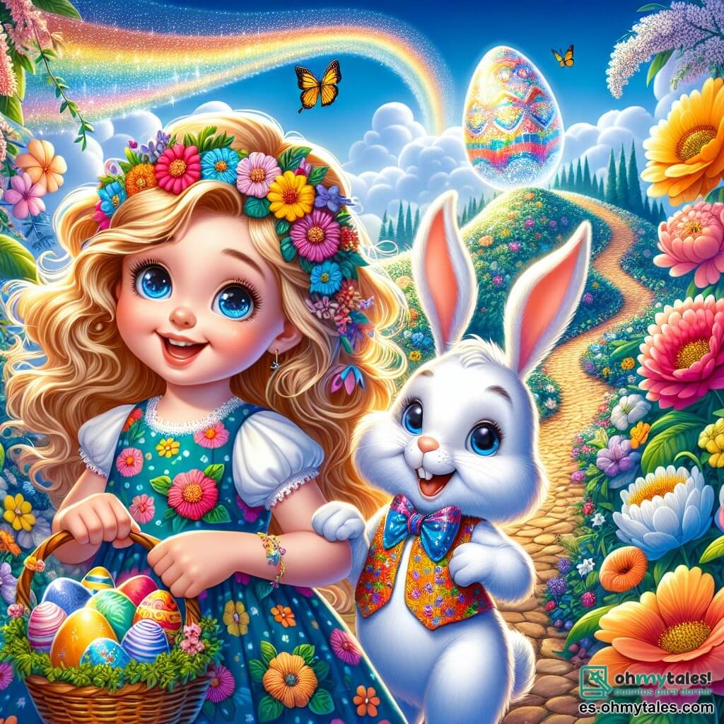 Una niña de 6 años, con largos cabellos dorados y rizos alegres, lleva un vestido colorido adornado con motivos florales. Son rostro muestra una gran sonrisa, y sus ojos brillan de curiosidad y emoción mientras sostiene una canasta de Pascua llena de huevos de colores. A su lado, un adorable conejito blanco llamado Benito, vestido con un chaleco multicolor, la observa con ojos brillantes, listo para llevarla en una aventura mágica. El escenario es un jardín encantador, lleno de flores gigantes de colores vivos, mariposas danzantes y un cielo azul radiante. Un camino sinuoso conduce a una colina arcoíris, donde hay un huevo mágico brillante en la cima. La escena muestra a la niña y al conejito subiendo alegremente la colina, rodeados de la magia de Pascua, con destellos de luz y colores vibrantes que evocan alegría y asombro.