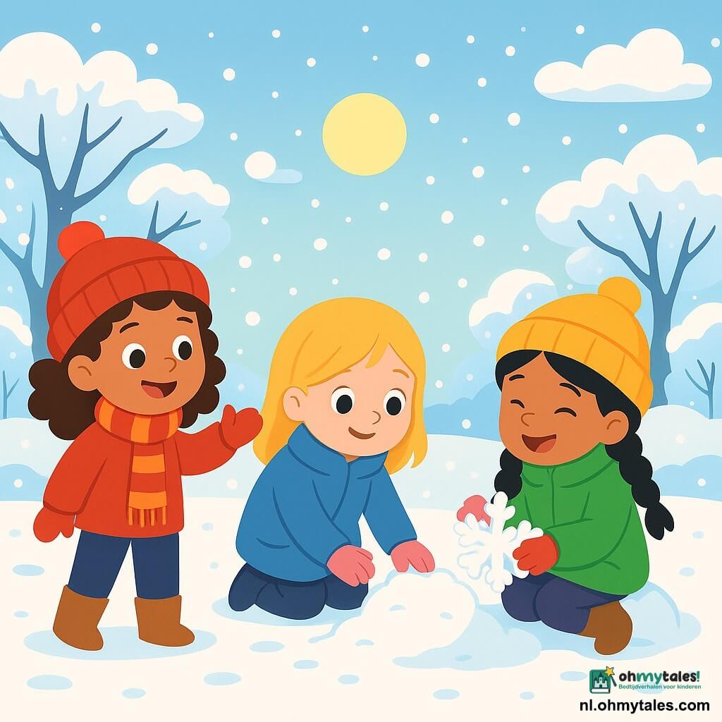 Er zijn 3 personages: - Noor: een 6-jarig meisje met bruin, krullend haar, die een helderrood muts en een gestreepte sjaal draagt. Ze staat links, glimlachend, en wijst naar de bomen. - Sara: een 5-jarig meisje met blond, steil haar, dat een blauwe jas en roze handschoenen draagt. Ze staat in het midden en raakt nieuwsgierig de sneeuw aan. - Lila: een 6-jarig meisje met zwart, gevlochten haar, die een gele muts en een groene jas draagt. Ze zit rechts op een kleine hoop sneeuw en vormt een sneeuwster. De locatie is een charmante wintertuin, bedekt met glinsterende sneeuw die de grond en de takken van de bomen bedekt. De lucht is helderblauw met donzige witte wolken, en de zon gaat onder aan de horizon, waardoor een gouden licht op de scène valt. De situatie toont de drie meisjes die plezier hebben met het maken van een sneeuwster, lachend en spelend samen, omringd door zacht vallende sneeuwvlokken. De afdrukken van hun kleine voetstappen zijn zichtbaar in de sneeuw, wat een vleugje magie aan dit blije moment toevoegt.