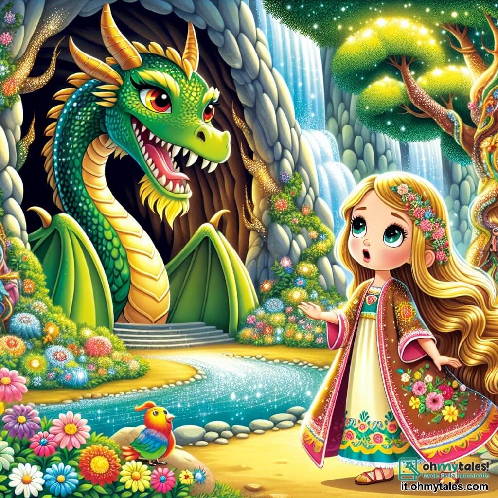 Livia, una giovane di circa 20 anni, si trova coraggiosamente davanti a una grande grotta. Ha lunghi capelli dorati che brillano al sole, occhi pieni di determinazione e indossa un vestito colorato decorato con fiori. Il suo viso esprime sia paura che coraggio mentre si prepara a parlare al drago. Il drago, una creatura maestosa con squame verdi scintillanti e occhi rossi brillanti, si trova all'ingresso della grotta, apparendo sia imponente che triste, con le grandi ali ripiegate dietro di lui. Il contesto è un giardino incantevole, pieno di fiori vivaci e alberi maestosi, con raggi di sole che filtrano tra le foglie. Uccelli colorati volano intorno, cantando melodie gioiose, mentre un piccolo ruscello scintilla nelle vicinanze. La situazione principale mostra Livia, determinata, che si rivolge al drago con dolcezza, proponendogli di diventare un amico e un protettore del giardino, mentre il drago, toccato dalle sue parole, inizia a rilassarsi e ad ascoltare attentamente.