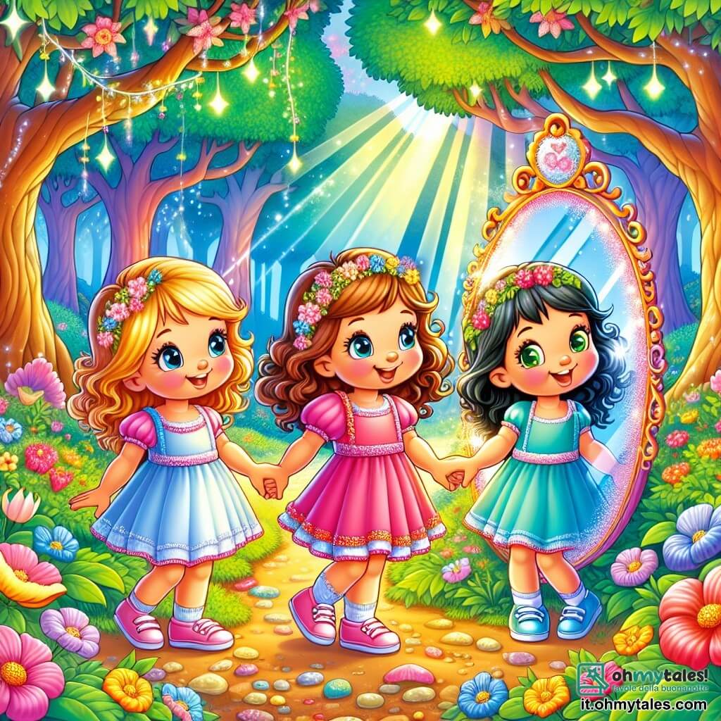 In un magnifico bosco incantato, tre bambine di quattro anni si tengono per mano. Anna, con i capelli castani ricci e gli occhi scintillanti, guarda con meraviglia un grande specchio magico che brilla al centro della scena. Alla sua sinistra, Bianca, con i capelli biondi e lisci, indossa un vestito rosa e sorride felice osservando il suo riflesso. A destra, Chiara, con capelli neri e occhi verdi, indossa un vestito blu e sembra affascinata dai colori che danzano intorno a loro. Il luogo è un bosco lussureggiante, pieno di alberi maestosi, fiori dai colori vivaci e un dolce raggio di sole che filtra tra i rami. Il terreno è coperto di fiori multicolori e morbida muschio, creando un'atmosfera magica e serena. Le tre amiche scoprono lo specchio incantato che riflette non solo la loro immagine, ma anche i loro sogni più cari, meravigliandosi insieme, realizzando che l'amicizia e l'immaginazione possono trasformare i loro desideri in realtà.
