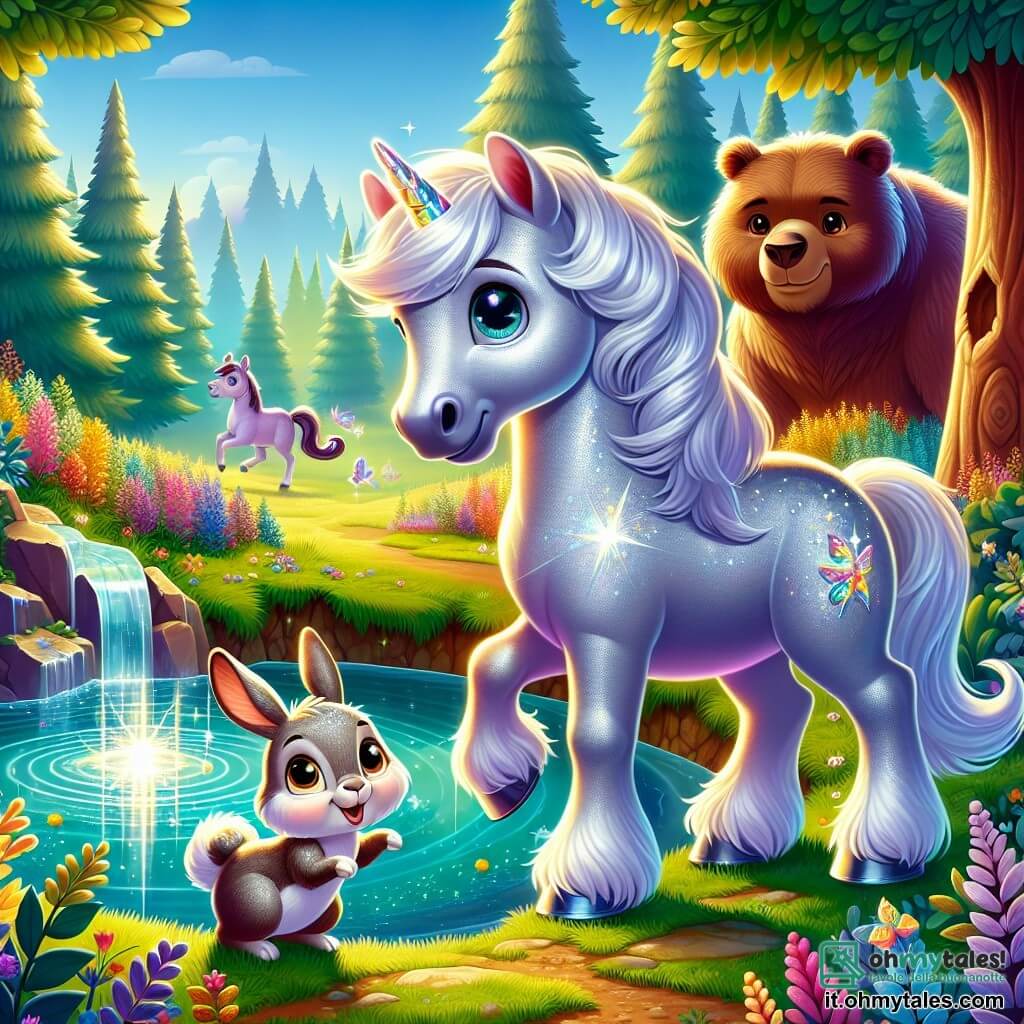 Un magnifico cavallo argentato di nome Stellino, con un manto lucente e occhi scintillanti, si trova accanto a una fonte luminosa in una foresta incantata. Mostra un'espressione di determinazione e gioia, pronto a risvegliare la magia del suo ambiente. Accanto a lui, Lila, la piccola coniglietta dalle grandi orecchie e occhi pieni di curiosità, salta gioiosamente, mentre Toby, l'imponente orso bruno, si trova dietro di loro con uno sguardo protettivo e benevolo. La scena si svolge in un'area verdeggiante, circondata da alberi maestosi con foglie scintillanti e fiori colorati che danzano nella leggera brezza. Al centro, la fonte brilla come un diamante, emettendo una luce dolce e calda, mentre Stellino e i suoi amici uniscono le forze per ravvivare la magia della foresta.