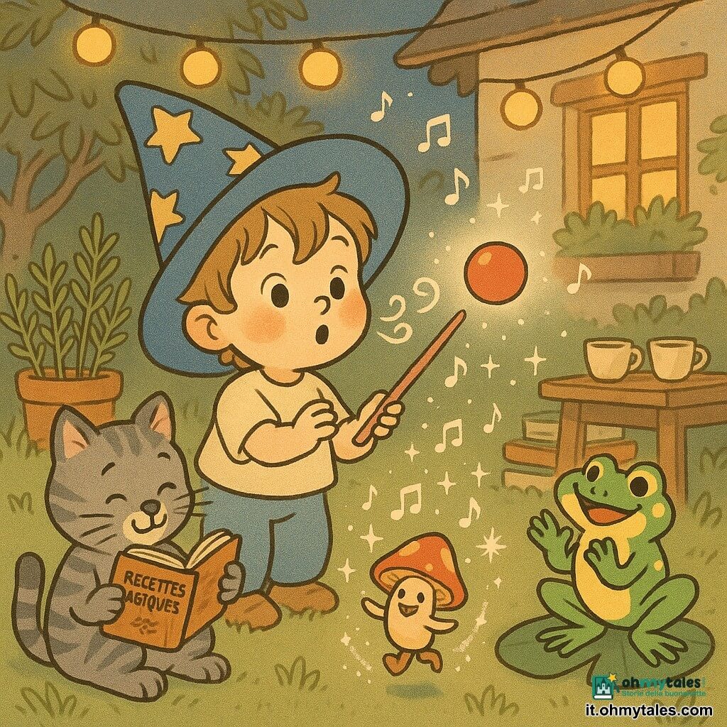 Un piccolo apprendista stregone ragazzo, Nino, 3 anni, con un grande cappello blu a stelle troppo grande, capelli castano chiaro a ciocche, occhi sgranati e ampio sorriso, soffia dolcemente facendo tre respiri e agita una bacchetta rosa pallido verso una palla rossa che fluttua; la rana Pippa, femmina, verde brillante con piccole macchie gialle, è seduta su una foglia di ninfea a destra di Nino e applaude saltellando con occhi maliziosi; il gatto Mammolo, maschio, pelo grigio striato e baffi ricci, tiene un piccolo libro di ricette magiche ed è seduto a sinistra di Nino, incurvato, contento e attento; un piccolo fungo danzante con volto sorridente gira intorno alla palla lasciando una scia di brillantini bianchi; lo scenario è un giardino cottage serale con erbe aromatiche in vaso, prato morbido, tazze di tisana su un tavolo di legno, libri impilati e una ghirlanda di lanterne gialle sospesa; la palla rossa si solleva lentamente con note musicali e brillantini fluttuanti, luce calda e colori pastello, atmosfera incantata, divertente e calma.