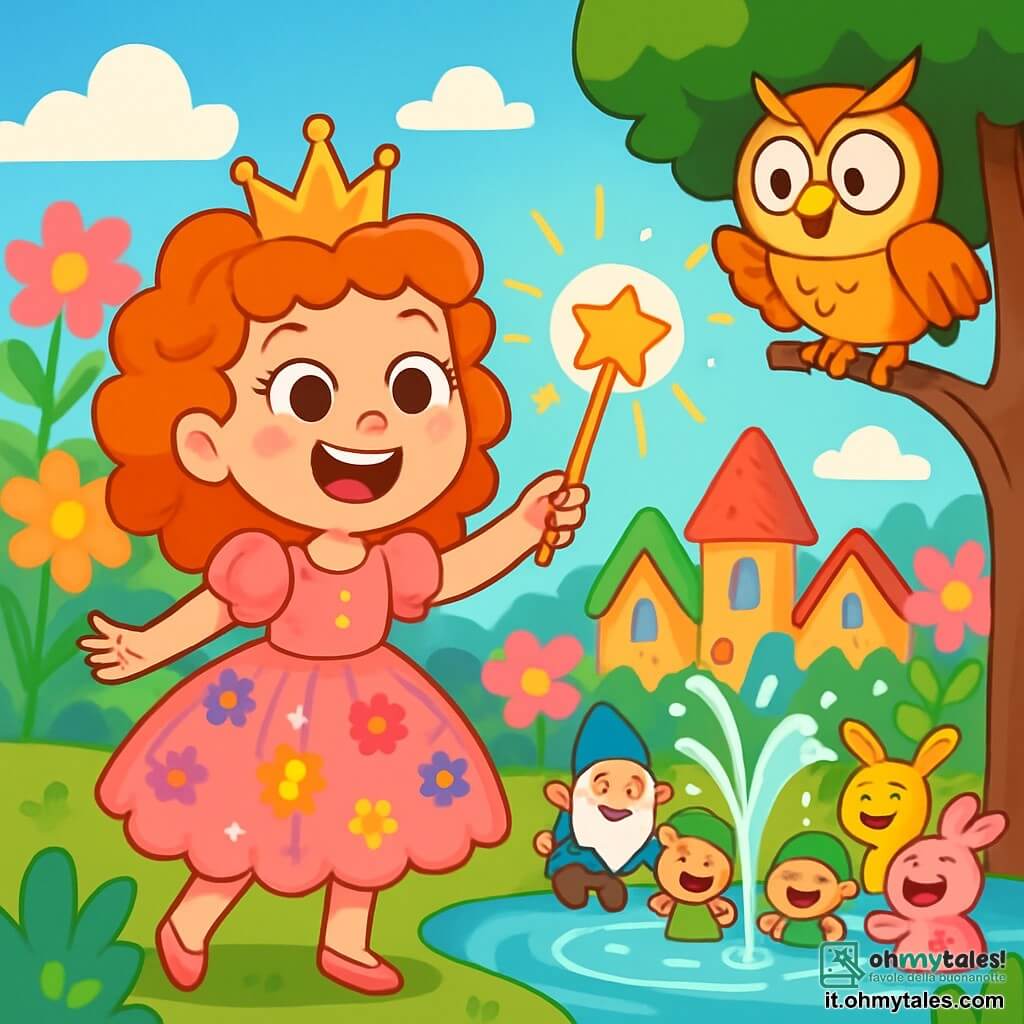 La principessa Lillibet, una giovane con capelli ricci rossi e occhi scintillanti di malizia, si trova al bordo di un laghetto scintillante, un grande sorriso gioioso illumina il suo volto. Indossa un abito di tulle rosa punteggiato di piccoli fiori colorati e agita una bacchetta magica che brilla di mille luci. Accanto a lei, Rufus, un gufo dalle piume dorate e grandi occhi rotondi, è posato su un ramo, osservando la scena con curiosità. Sembra divertito, con le ali leggermente spiegate, pronto a volare. Sullo sfondo, il villaggio di Florilù si estende con case di caramelle dai colori vivaci, circondato da fiori giganti che danzano sotto la leggera brezza. Il cielo è di un blu splendente, punteggiato di nuvole soffici. La scena principale mostra Lillibet e Rufus circondati da una folla gioiosa di creature magiche, che ridono mentre l'acqua inizia a zampillare nel laghetto, creando un'atmosfera festosa e incantata.