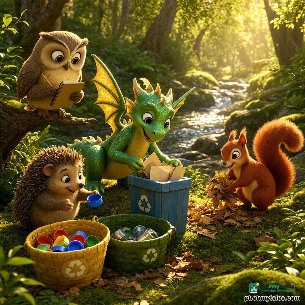 Luno, um pequeno dragão verde de asas douradas, parece dócil e alegre; agacha-se e sussurra enquanto deposita papéis numa lixeira azul de madeira, olhos atentos, escamas brilhando ao sol. Tico, um esquilo ruivo, concentrado e sorridente, junta folhas secas em montes à direita de Luno. Fina, uma coruja bege de grandes olhos redondos, pousada num galho baixo à esquerda, observa com benevolência e segura um caderno para organizar a triagem. Bola, um ouriço castanho, brincalhão e orgulhoso, segura tampas coloridas que coleta perto de lixeiras amarelas e verdes. A clareira é luminosa, coberta de musgo e samambaias, com um pequeno riacho ao fundo, folhas no chão e raios de sol filtrando entre as árvores. Cena principal: os amigos limpam e separam os resíduos juntos, lixeiras coloridas de madeira trançada ao centro, ambiente calmo e cooperativo, cores quentes e texturas detalhadas (escamas, pelo, pena, madeira, musgo).