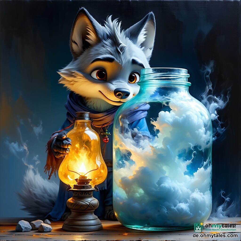 Die Hauptfigur ist ein kleiner anthropomorpher Wolf mit weichem grauem Fell, runden Ohren und ausdrucksvollem, ernsten Gesicht mit glänzenden haselnussbraunen Augen; er hält eine gelb-orange Öllampe, die sein Gesicht beleuchtet, und stellt eine große Glasflasche mit einem wirbelnden, dünnen weiß-blauen Nebel auf den Rand eines alten moosbewachsenen Steinbrunnens in einer nächtlichen Lichtung; im Glas ist der Nebel personifiziert als kleine durchsichtige Wolke mit unscharfen Konturen, blassblauen und grauen Tönen und melancholisch-erleichtertem Blick, die gegen den Deckel drückt; eine Messingglocke an einer zitternden Schnur hängt in den Brunnen und funkelt als warmer Lichtpunkt im Kontrast zur Kälte; der Wolf öffnet den Deckel leicht, während die Glocke gerade herabgelassen wird; starke Gegenüberstellung warmes Lampenlicht versus kalte Nebelreflexe, gespannte aber ruhige Stimmung, zentrierte Komposition, texturierte Pinselstriche und scharfe Konturen bei den Figuren.