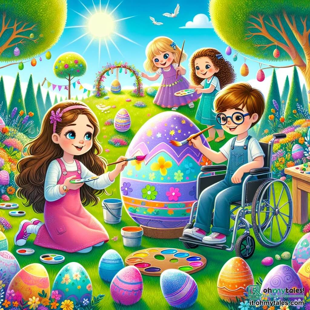 In un giardino magico pieno di uova colorate, ci sono tre personaggi principali: Luna, una ragazza di 8 anni con lunghi capelli castani e un vestito rosa, è accovacciata mentre dipinge un grande uovo con colori vivaci; Leo, un ragazzo di 9 anni con occhiali e capelli biondi, è seduto sulla sua sedia a rotelle, sorridente e pronto ad aiutare Luna; Mia, una ragazza di 7 anni con capelli ricci e un vestito blu, sta in piedi accanto a Luna mostrando un uovo viola che ha appena decorato. Il giardino è pieno di fiori brillanti, grandi alberi con foglie verdi e uova di tutti i colori nascoste tra l'erba. Il sole splende in un cielo azzurro, creando un'atmosfera gioiosa e festosa. La scena principale mostra i tre amici mentre creano insieme un grande uovo magico, circondati da risate e colori, mentre un coniglietto magico li osserva con un sorriso divertito.