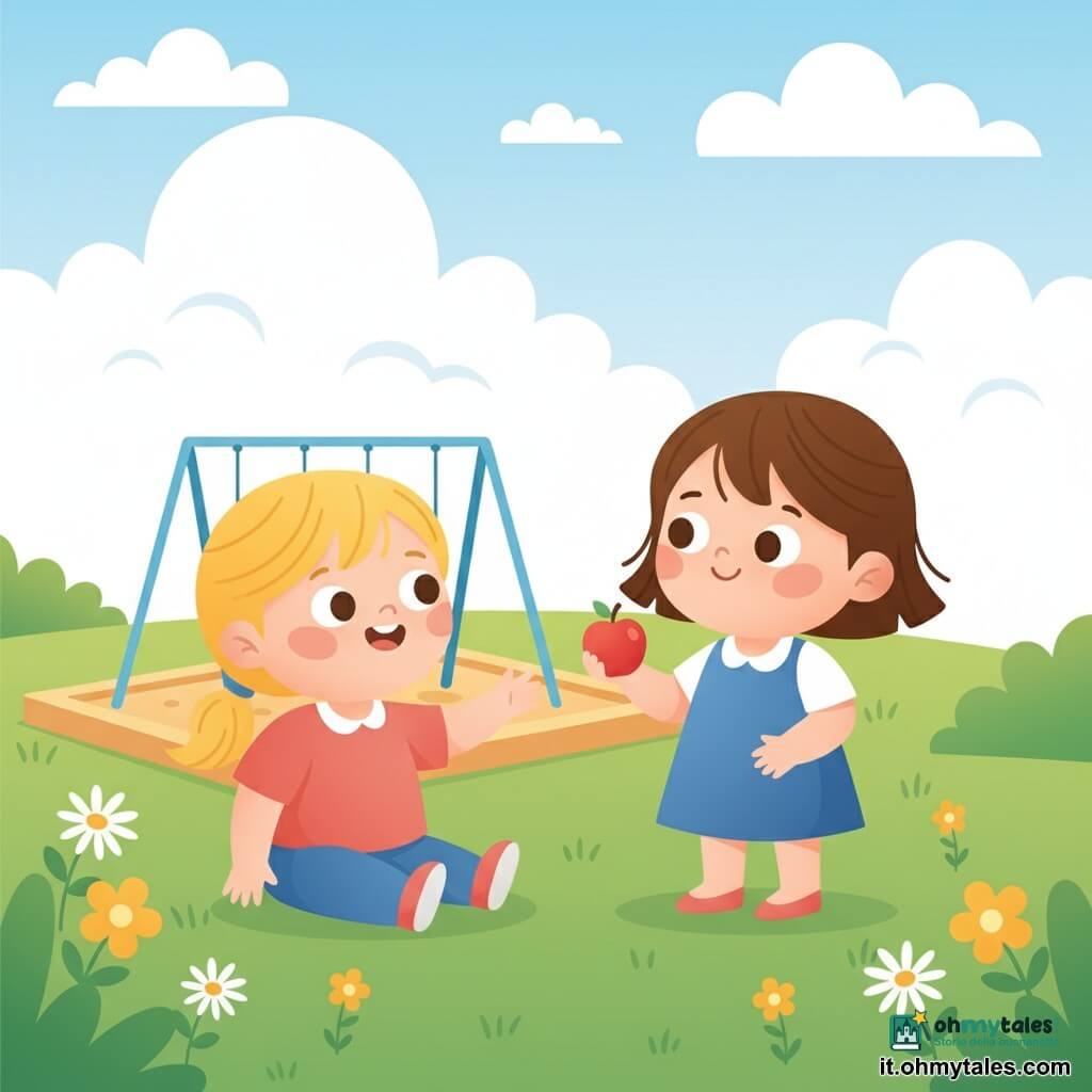 Ci sono due bambine di circa 2 anni: Olivia, bionda con codini, viso rotondo e guance rosate, seduta sull'erba a sinistra che sorride e porge la mano destra; Sofia, bruna a capelli corti, occhi grandi, in piedi a destra che tiene una piccola palla rossa e sorride a Olivia. Ambientazione: parco diurno con erba verde, qualche fiore giallo e margherite, un'area sabbiosa con un'altalena blu sullo sfondo e cielo sereno con nuvole soffici. Situazione: giocano insieme vicino al sabbiera, Sofia offre la palla a Olivia; scena tenera e semplice, colori morbidi, forme arrotondate, composizione centrata sulle due bambine.