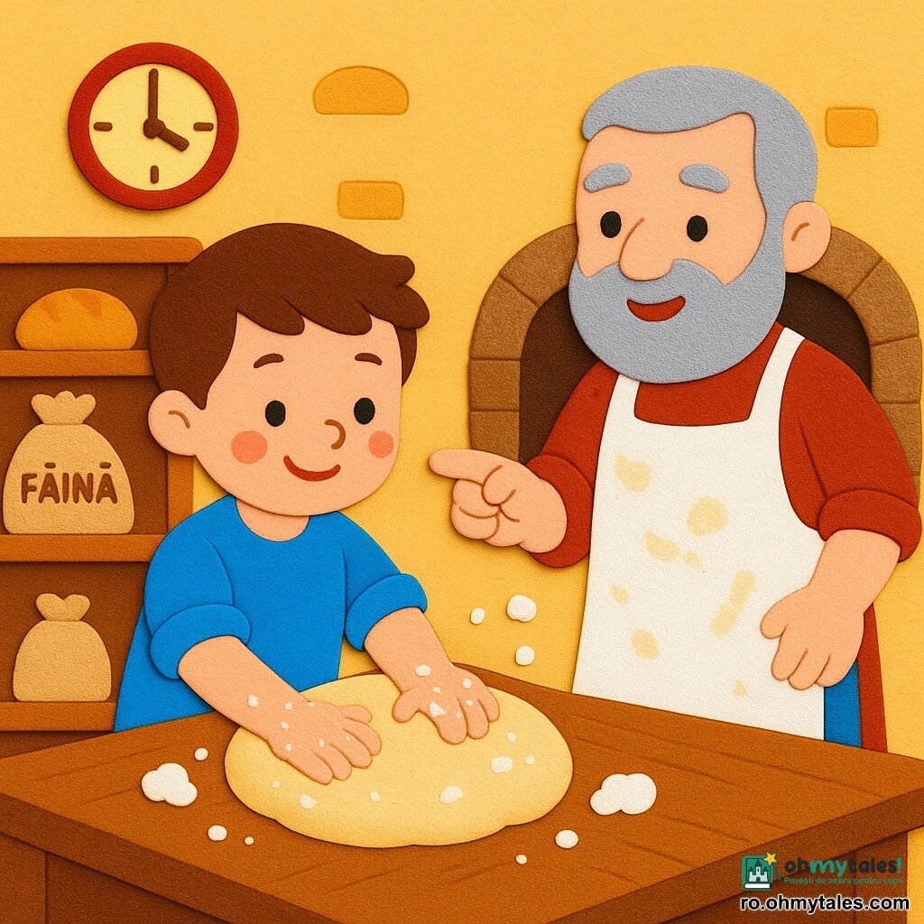 Un băiat (Matei, ~10 ani) zâmbitor și concentrat, cu mâinile făinoase, frământă o bilă mare de aluat pe o masă de lemn; un bărbat în vârstă (domnul Petru, ~60–70 ani), cu barbă și păr grizonant, șorț pătat de făină, stă lângă el și îi arată aluatul încurajator; atelier mic și cald de brutărie cu pereți ocru, rafturi de lemn, saci de făină, cuptor de piatră cu pâini aurii și un ceas rotund; aluat moale și lipicios, norișori de făină plutind, aluatul crește ușor, atmosferă liniștită și veselă, tonuri calde și texturi simple.