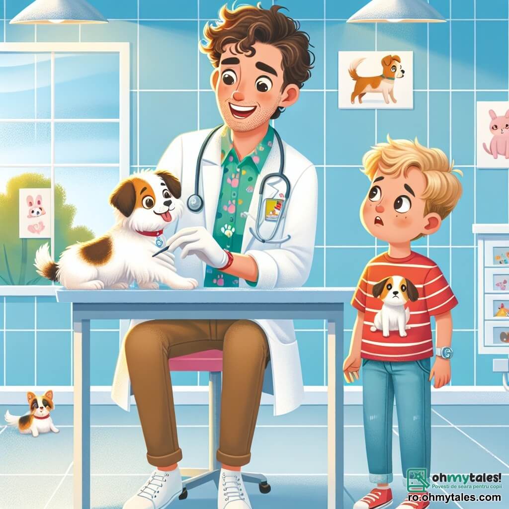 Un veterinar pe nume Dr. Andrei se află în centrul imaginii, zâmbind călduros. Are părul brun, ușor creț și poartă un halat alb cu modele colorate de animale. Este aplecat peste o masă de consultație, îngrijind un cățel alb numit Max, care pare puțin îngrijorat, dar curios. Lângă el, un băiat de 8 ani pe nume Radu, cu părul blond și ochi strălucitori, observă atent. Poartă un tricou roșu cu un desen de câine și blugi. Radu stă în picioare, cu mâinile pe șolduri, arătându-și entuziasmul pentru munca veterinarului. Scena se desfășoară într-o clinică veterinară luminoasă și primitoare, cu pereți vopsiți în albastru deschis, postere colorate cu animale fericite și jucării pentru animale împrăștiate pe podea. O fereastră lasă să intre lumina soarelui, iluminând spațiul. Dr. Andrei curăță cu grijă laba lui Max, în timp ce Radu, fascinat, învață cum să aibă grijă de animale. Atmosfera este veselă și plină de compasiune, ilustrând dragostea și devotamentul veterinarului pentru micii săi pacienți.