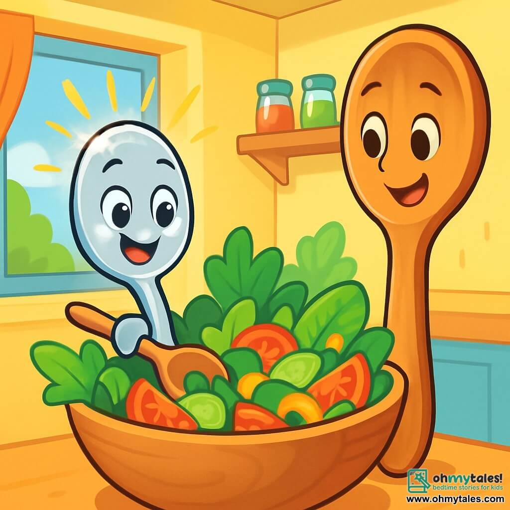 A small metal spoon named Sammy shines in the sunlight, with a joyful smile and sparkling eyes. It has a shorter handle than the other, making it unique, and is mixing a large, colorful salad in a wooden bowl, surrounded by crunchy green leaves and vibrant vegetables. Next to him, a large serving spoon, Sally, encourages him with a warm smile. She is wooden, with a beautiful smooth finish, and her expression is full of pride and friendship. The scene takes place in a bright and welcoming kitchen, with pastel yellow walls, shelves filled with colorful spice jars, and an open window letting in daylight. Sammy, with his special handle, uses his talent to mix the salad, showing that he can achieve great things despite his difference.