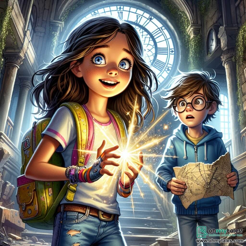 In the foreground, a 12-year-old girl, Mira, with long brown hair and sparkling curious eyes, stands with her face lit by a mix of excitement and determination. She wears a colorful t-shirt and jeans, with a vibrant backpack on her shoulders, and she holds a small glowing device, the Fizzler, which emits bursts of light around her. Next to her is Leo, a 12-year-old boy with round glasses and messy hair, looking around with a mix of wonder and slight concern. He wears a blue hoodie and jeans, holding a scribbled map in his hand, leaning slightly towards Mira to speak to her. In the background, the setting is the Old Clock Tower, a majestic stone structure covered in ivy, with cracked clocks and visible gears inside. Sunlight filters through broken windows, creating a mysterious play of shadows and light. The main scene shows Mira and Leo in a moment of tension as they face Malakar, a dark and menacing figure standing in the center of the room, surrounded by swirling darkness. The atmosphere is magical and thrilling, with bursts of light emanating from Mira's Fizzler, illuminating the determined face of the girl and the worried gaze of her friend.
