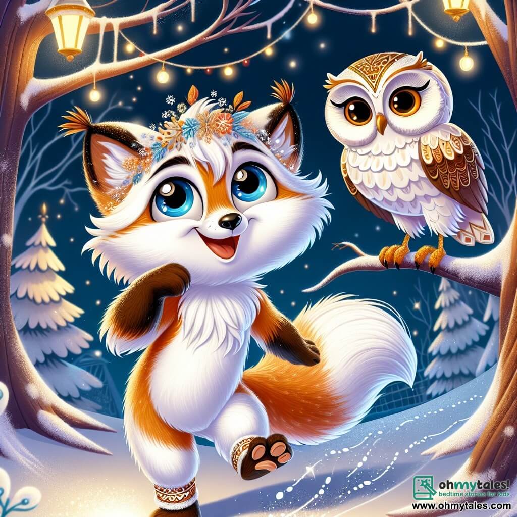 A young fox named Snowy, with bright white fur and curious eyes, joyfully dances in the snow, his light paws leaving delicate prints behind him. Nearby, a wise owl, Wiseheart, with brown and golden feathers, watches with a kind smile from a tree branch, her eyes sparkling with pride and admiration for the young fox. The scene takes place in an enchanting village, illuminated by twinkling lanterns, where snowflakes gently fall, covering the ground with a sparkling white blanket. Trees are adorned with colorful garlands, and the air is filled with laughter and joyful music. Excited, Snowy has just seen the mysterious Spirit of Winter dance under the moon, creating a magical and fairy-tale atmosphere around him.