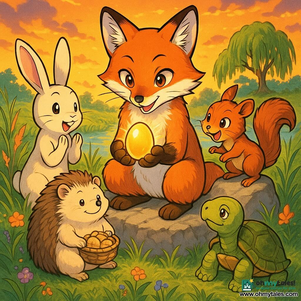An anthropomorphic fox with bright red fur and white markings, mischievous yet gentle eyes, smiling and seated on a rock holding a glowing golden egg; his friends — Jun the long-eared cream rabbit clapping to his left, Pip the small energetic hazel squirrel perched on a stone to his right tilting toward the egg, Marnie the round soft‑spined hedgehog sitting in front holding a small basket of cookies, and Lolo the calm olive‑shelled turtle near the rock’s edge — celebrate the end of an egg hunt on a grassy hilltop at sunset with tall green grass, colorful wildflowers, a distant shimmering pond and weeping willow, arranged in a circular composition bathed in warm golden light, joyful and peaceful, bright manga style with soft lines, saturated colors and visible textures.
