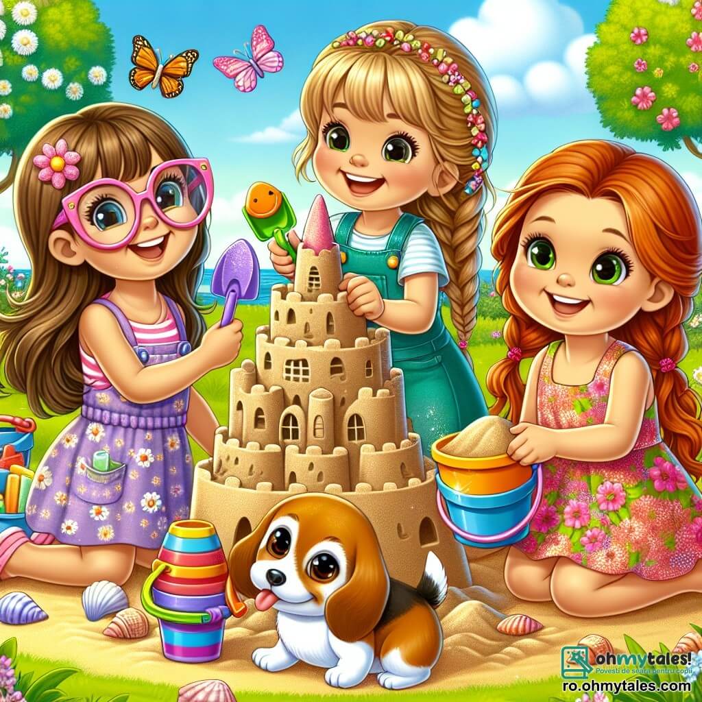 Trei fetițe, Lola, Mia și Tia, construiesc un mare castel de nisip într-un parc însorit. Lola, o fetiță de 7 ani cu părul lung și brunet și ochelari roz, zâmbește ținând o lopată colorată. Lângă ea, Mia, o fetiță de 6 ani cu părul blond împletit și o rochie cu flori, adaugă scoici în vârful castelului. Tia, o fetiță de 7 ani cu părul roșu și ochelari de soare, se apleacă umplând o găleată cu nisip. În spatele lor, un cățel mic, Dodo, un adorabil beagle cu urechi mari, aleargă vesel în jurul castelului, cu limba scoasă și o minge colorată în gură. Parcul este verde, cu copaci înfloriți și fluturi zburând în aer. Cerul este albastru cu câteva nori albi pufoși. Fetele râd și se distrează, încercând să construiască cel mai înalt castel de nisip posibil, provocându-se și încurajându-se reciproc.