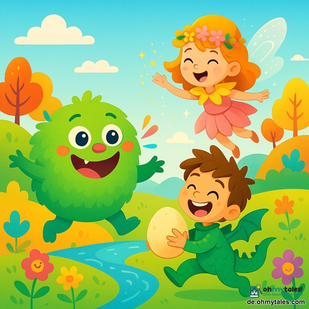 Balduin, das lustige Monster, ist ein runder, verschwommener, leuchtend grüner Wesen mit bunten, fröhlich vibrierenden Stacheln. Seine großen, funkelnden Augen und sein strahlendes Lächeln zeigen, dass er sehr glücklich ist. Er springt in die Luft, die Arme weit geöffnet, mit einem Ausdruck purer Freude im Gesicht. Neben ihm steht Mucki, der strubbelige Drache, ein 7-jähriger Junge mit glänzenden Schuppen und schelmischen Augen. Er lacht, während er ein riesiges Ei hält, bereit es zu werfen. Flitzi, die kleine Flussfee, ist ein 6-jähriges Mädchen mit funkelnden Flügeln und einem Kleid aus Blütenblättern. Sie fliegt über Balduin, lacht und wirft ihm Glitzer zu. Die Szene spielt in einer zauberhaften Landschaft mit bunten Hügeln, Bäumen mit mehrfarbigen Blättern und einem glitzernden Fluss, der durch die Szenerie schlängelt. Lustige, seltsame Blumen tanzen im Wind. Die Hauptsituation zeigt Balduin, der mit seinen Freunden Spaß hat, laut lacht, während er versucht, das Ei zu fangen, das Mucki in die Luft wirft. Das Lachen hallt in der Luft und schafft eine fröhliche, lebendige Atmosphäre.