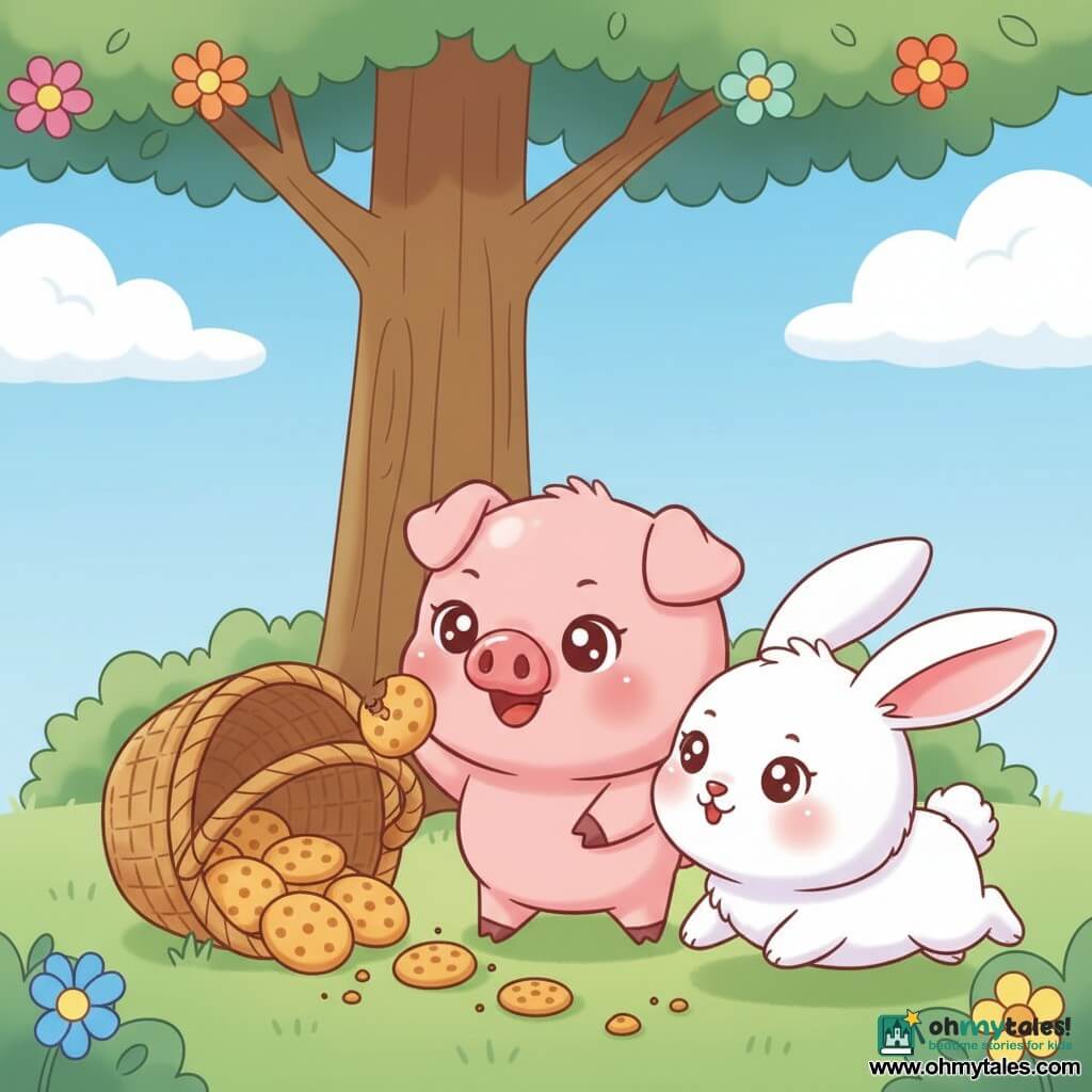 A chubby pink piglet with a shiny snout and mischievous smile sniffing cookie crumbs with one hoof raised, a white floppy-eared rabbit hopping beside it toward the trail of crumbs, an overturned wicker basket with golden round cookies and scattered crumbs, a large brown-trunk tree, soft green grass and colorful flowers under a light blue sky with fluffy clouds, cheerful bright scene focused on the two animals by the basket.