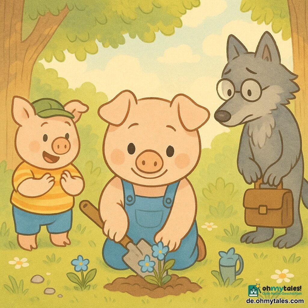 Einer der drei kleinen Schweine — Flauschi — in der Mitte, rundes Gesicht und rosa Wangen, sanfter Ausdruck, große glänzende Augen, kleine blaue Latzhose, hält eine Holzschaufel und pflanzt blaue Blumen; der Wolf rechts, weniger bedrohlich, weiches graues Fell, runde Brille und braune Aktentasche, schaut schüchtern auf die Blumen; links die anderen Schweine Brummer (gestreiftes gelbes Hemd, klatschend) und Grunzer (grüne Schirmmütze, lächelnd, mit Gießkanne) bilden einen freundlichen Halbkreis um Flauschi; Ort: sonnige Lichtung am Rande eines verzauberten Waldes mit grüner Wiese und Gänseblümchen, strukturierte Baumstämme und pastellhimmel; Szene: warmes Gemeinschaftsmoment, alle pflanzen zusammen einen Blumenbeet, sanfte Pastellfarben und warmes Sonnenlicht, Fokus auf den pflanzenden Händen und den lächelnden Gesichtern.