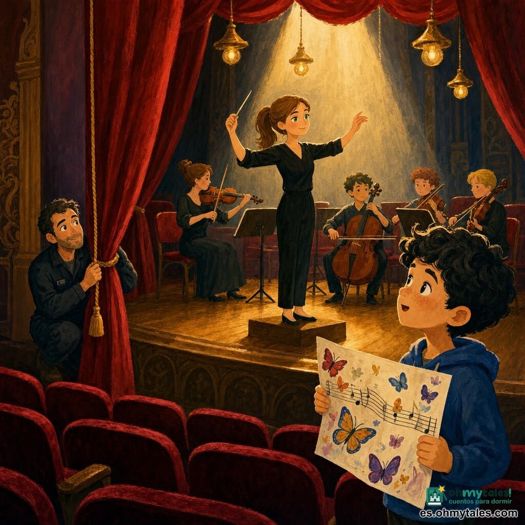 Mujer musicista de unos treinta años, coleta castaña clara y ojos verdes, sonrisa concentrada, marca el compás con la mano en alto en el escenario; niño de unos 10 años, cabello rizado negro, sostiene un dibujo de partitura con mariposas al borde del escenario a la derecha, mirada asombrada; técnico de unos 40 años, traje de trabajo oscuro, en cuclillas entre bambalinas a la izquierda tirando suavemente de una cuerda de cortina y sonriendo; teatro cálido con tablas de madera barnizada, cortinas rojas, lámparas doradas y butacas de terciopelo burdeos; la directora marca el compás, el público en la penumbra, un rayo de luz ilumina los rostros de los músicos y el dibujo del niño, ambiente suave, tonos cálidos y texturas tipo gouache.