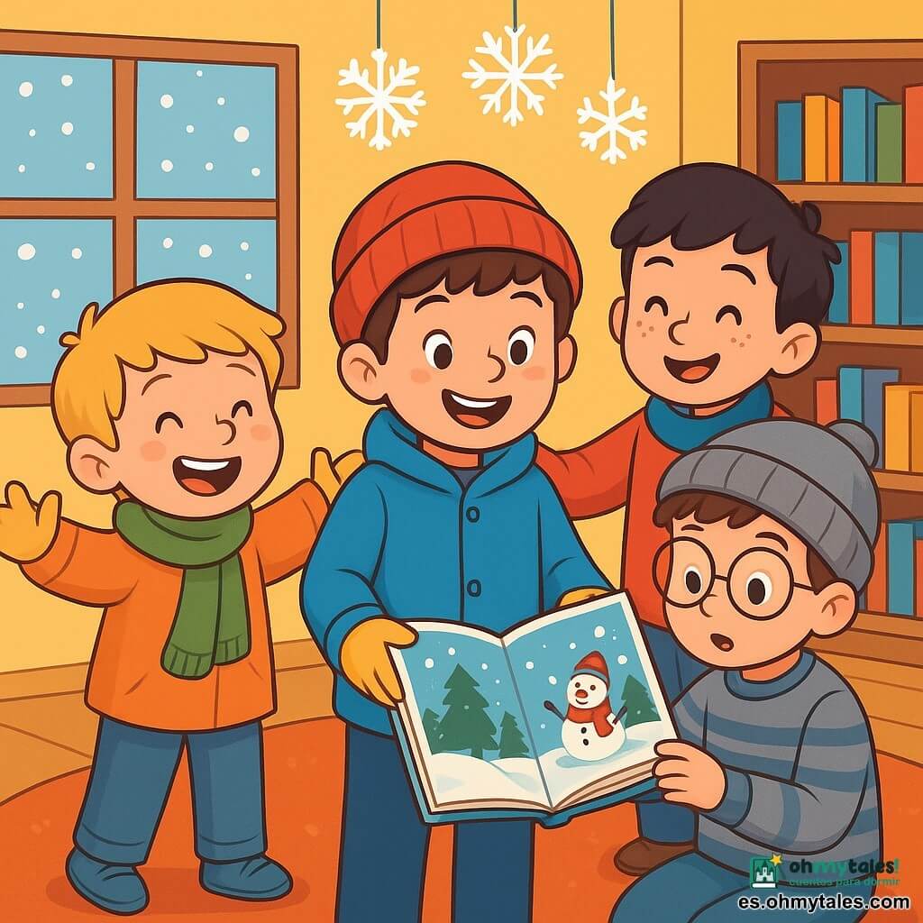 Hay 4 niños: - Diego: un niño de 8 años, con cabello castaño y ojos brillantes. Lleva un abrigo azul brillante, un gorro rojo y guantes amarillos. Está en el centro, sonriendo, sosteniendo un libro sobre el invierno. - Álvaro: un niño de 8 años, con cabello rubio y una gran sonrisa. Viste una bufanda verde y un abrigo naranja. Está a la izquierda de Diego, haciendo un gesto de alegría con los brazos abiertos. - Mateo: un niño de 8 años, con cabello castaño y gafas. Lleva un suéter a rayas y un gorro gris. Está a la derecha de Diego, leyendo el libro con una expresión curiosa. - Raúl: un niño de 8 años, con cabello negro y pecas. Lleva un abrigo rojo y una bufanda azul. Está detrás de Diego, haciendo un gesto de camaradería, como si animara a los demás. El lugar es un aula acogedora, con paredes pintadas de amarillo claro. Grandes ventanas dejan entrar la suave luz del invierno, iluminando los copos de nieve que caen afuera. Hay libros coloridos en estanterías de madera y una gran alfombra suave en el suelo. La situación principal muestra a los niños reunidos alrededor de un libro sobre el invierno, riendo y compartiendo ideas sobre sus juegos de invierno favoritos. Están rodeados de decoraciones invernales, como copos de nieve de papel colgados del techo, creando un ambiente alegre y amigable.