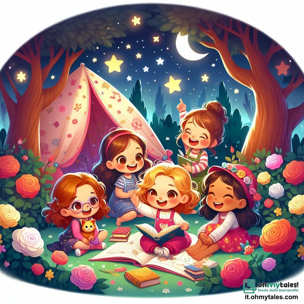 In un giardino magico, quattro bambine sono riunite. **Giorgia**, una bambina di cinque anni con capelli ricci e dorati, è seduta al centro, sorridente, con un libro illustrato in mano. Alla sua destra, **Marta**, una bambina di cinque anni con occhiali rosa e capelli castani, ride gioiosamente indicando una stella brillante nel cielo. A sinistra, **Anna**, una bambina di cinque anni con capelli lisci e castani, guarda con meraviglia le stelle, gli occhi spalancati. Infine, **Sofia**, una bambina di cinque anni con capelli neri e un abbigliamento colorato, è in piedi, pronta a saltare di gioia, con le braccia alzate verso il cielo stellato. Il giardino è illuminato dalla dolce luce della luna, con rose colorate e una grande quercia maestosa che offre un'ombra rassicurante. Il cielo è punteggiato di stelle scintillanti, creando un'atmosfera magica e pacifica. Le bambine condividono storie sotto una tenda fatta di coperte, circondate dal dolce mormorio della notte, scoprendo insieme la bellezza del buio e imparando a superare la loro paura del buio.