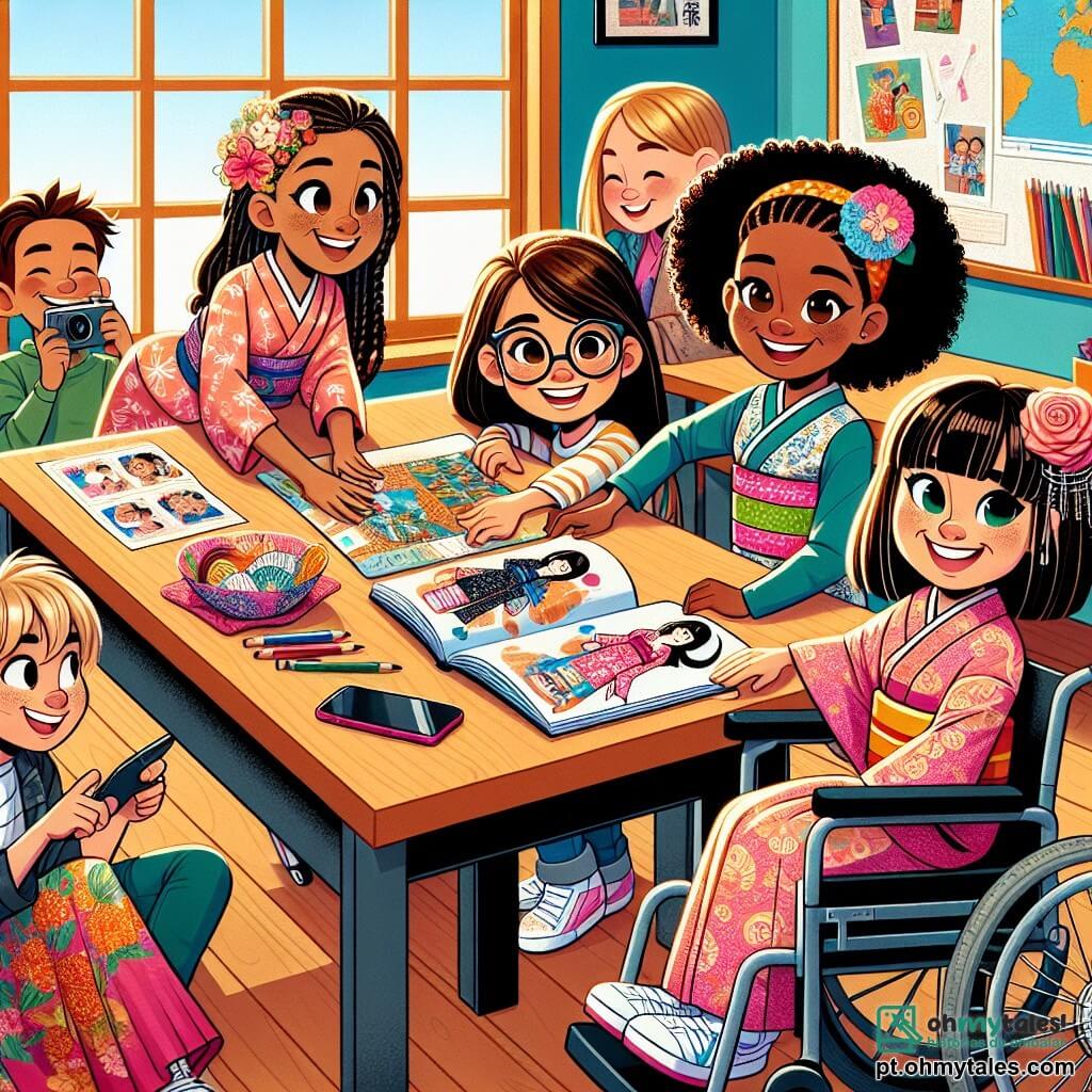 Em uma sala de aula colorida, quatro meninas estão reunidas em torno de uma grande mesa de madeira. Clara, uma menina de 10 anos com cabelos castanhos e óculos, mostra um livro ilustrado sobre o Japão, sorridente e entusiasmada. À sua direita, Sofia, uma menina de 10 anos com cabelos loiros e cacheados, desenha padrões de quimono em uma folha de papel, concentrada e feliz. À esquerda, Aisha, uma menina de 10 anos de origem afro-americana com tranças, segura um quimono colorido e explica às amigas a importância das tradições japonesas. Por fim, Letícia, uma menina de 10 anos com cabelos lisos e negros, sentada em sua cadeira de rodas elétrica, filma a cena com seu smartphone, radiante e cheia de energia. A sala de aula é decorada com pôsteres representando diferentes culturas, com mapas do mundo pendurados nas paredes e plantas verdes nas janelas, criando uma atmosfera acolhedora. As meninas preparam seu projeto sobre a cultura japonesa, trocando ideias e risadas, enquanto vestem quimonos coloridos e se preparam para dançar, ilustrando a importância da diversidade e da amizade.