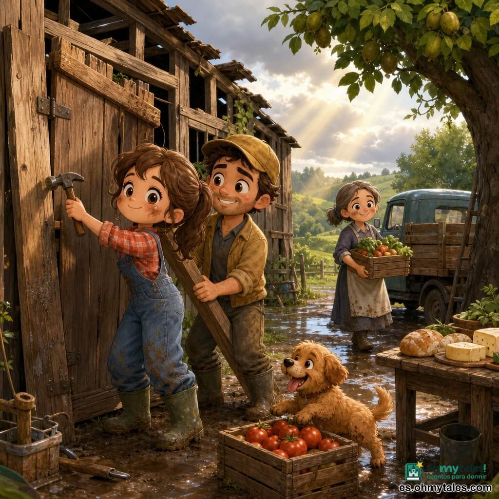 Agricultora decidida y amable, rostro redondo con manchas de tierra, pelo castaño en coleta, camisa de cuadros roja, peto azul y botas de goma embarradas, sostiene un martillo y repara la puerta de un cobertizo; junto a ella Mateo, vecino de unos 30 años, con gorra amarilla y chaqueta de trabajo, sostiene una tabla para ajustar la puerta; una maestra de unos 40 años con vestido sencillo y delantal, pelo canoso recogido, lleva una caja de verduras hacia una camioneta al fondo a la derecha; un perro pequeño y rojizo con la lengua fuera salta sobre una caja de tomates en primer plano; la granja, tras la lluvia, tiene suelo embarrado con charcos, un cobertizo de madera parcialmente volcado, campos verdes, herramientas y botas dispersas y una mesa vieja con pan y queso bajo un gran nogal; escena de reparación comunitaria tras una pequeña tormenta, personajes sonrientes y cubiertos de barro trabajando juntos, con rayos de sol entre las nubes y ambiente cálido y optimista.