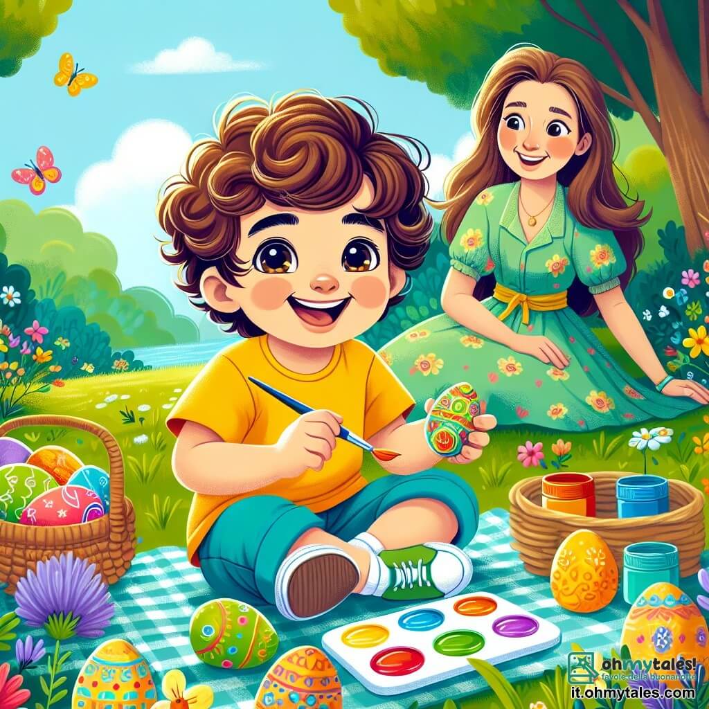 Un bambino di 4 anni, di nome Luca, è seduto sull'erba verde del giardino, con un grande sorriso sul viso. Ha capelli castani e ricci, indossa una maglietta gialla e pantaloni corti blu, e tiene in mano una tavolozza di colori. Accanto a lui, sua madre, una donna di circa 30 anni con capelli lunghi e castani, lo osserva con orgoglio. Indossa un vestito leggero a fiori ed è seduta su una coperta da picnic, circondata da barattoli di vernice. Il giardino è pieno di fiori colorati e farfalle volano intorno, con un grande albero sullo sfondo. Uova di Pasqua decorate sono sparse sull'erba, alcune brillano al sole. Luca sta dipingendo uova con motivi gioiosi, mentre sua madre lo incoraggia, creando un'atmosfera festosa per la Pasqua.