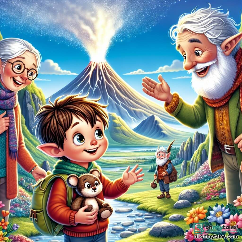 In een magisch landschap van IJsland staat een vierjarig jongetje, Luca, met kastanjebruin haar en nieuwsgierige ogen in het midden, terwijl hij zijn teddybeer, Benny, tegen zich aan drukt. Links van hem staat zijn grootmoeder, een glimlachende vrouw met zilvergrijs haar en een bril, die een kleurrijke sjaal draagt en met verwondering naar de scène kijkt. Rechts van hem wijst zijn grootvader, een oude man met een witte baard en een vilten hoed, met een trotse glimlach naar de grote vulkaan die in de verte rookt.

De omgeving is spectaculair: groene bergen rijzen op onder een stralende blauwe lucht, terwijl een grote vulkaan zachtjes witte rook uitspuwt, omringd door kleurrijke bloemen en glinsterende stenen.

De belangrijkste situatie toont Luca, verwonderd, terwijl hij praat met een klein elfje, een magisch wezen met puntige oren en sprankelende ogen, die hem met de hand uitnodigt voor een avontuur. De twee personages zijn omringd door een betoverende sfeer, vol levendige kleuren en licht, wat de magie van ontdekking symboliseert.