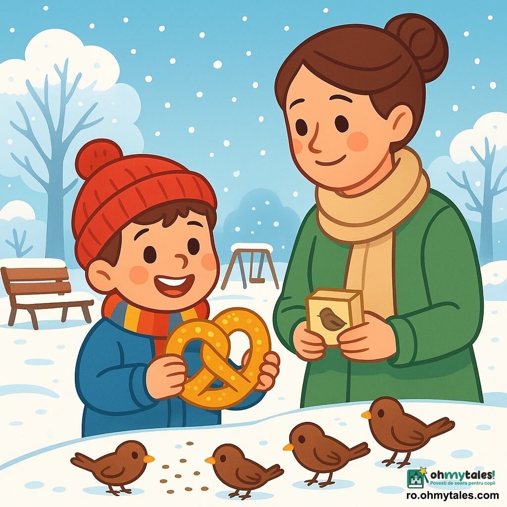 Un băiețel de 4 ani, pe nume Matei, cu părul brun și obrașe roz, zâmbește bucuros în timp ce ține un covrig mare și auriu în mâinile sale mici. Poartă o geacă groasă albastră, o căciulă roșie și o eșarfă în dungi, iar ochii îi strălucesc de excitație. Lângă el, mama sa, o femeie de aproximativ 30 de ani cu părul șaten prins în coc, poartă un palton verde și o eșarfă bej. Ea zâmbește cu blândețe privindu-l pe fiul ei, ținând o cutie mică de semințe pentru păsări. Decorul este un parc de iarnă, cu copaci acoperiți de zăpadă strălucitoare, un cer albastru deschis și fulgi de zăpadă care cad ușor. Băncile din lemn sunt acoperite cu un strat gros de zăpadă, iar urmele de pași duc la o mică zonă de joacă. Scena principală arată cum Matei și mama sa hrănesc vrăbiile care ciugulesc bucuros semințele împrăștiate pe zăpadă, în timp ce covrigul auriu strălucește în mâna lui Matei, adăugând o notă de culoare vie ilustrației.