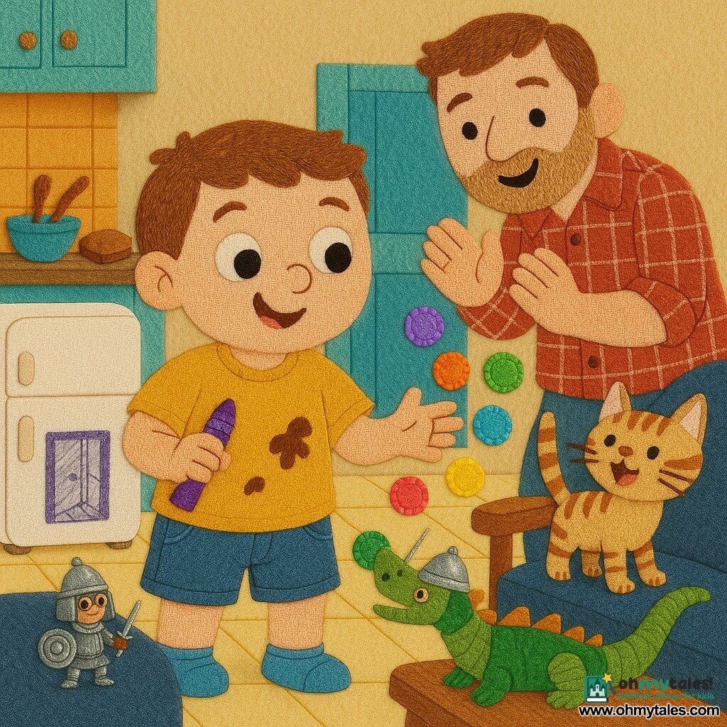 A 4‑year‑old boy, Milo, with a round, chubby face, big curious eyes and a mischievous smile wears a chocolate‑stained yellow T‑shirt and blue shorts, holds a purple glitter pencil in his right hand and reaches with the other to catch small luminous multicolored "laughing" bubbles bouncing toward his pocket; his dad, about 35, with light beard and a plaid shirt, stands bent in the background of a colorful kitchen, surprised and tender with open hands as if to applaud; Pickle the small plump beige‑orange tabby cat perches on a nearby chair, tail up and whiskers twitching, watching and meowing at the bubbles; Sir Buttons, a tiny shiny metal toy knight with a thimble helmet and toothpick sword, stands guard on the sofa beside a trash chute turned into a "dragon"; the kitchen has pale yellow tiles, a worn wooden table, a white fridge with a purple crayon‑drawn little door opening to a shiny tiled hallway, bowls, spoons and a slice of bread on the counter, and a playful vacu‑dragon with a sock on its nozzle in the background; the scene is warm, comic and whimsical with a soft contrasted palette of mustard, sky blue, purple glitter and touches of red and green, and visible sewn textures, exposed seams and felt edges for an appliqué, childlike look.