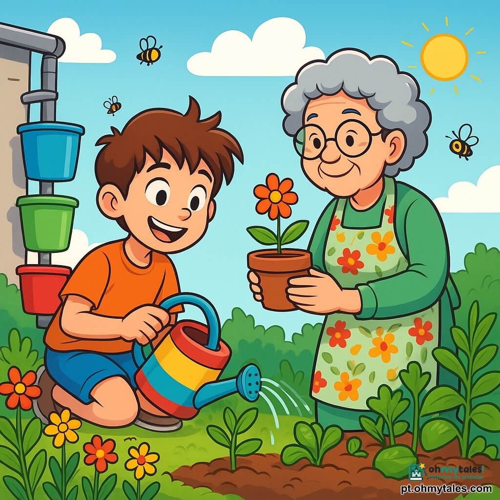 Um menino de 10 anos, Léo, com cabelos castanhos bagunçados e olhos brilhantes de curiosidade, está agachado em um jardim ensolarado, sorrindo entusiasticamente enquanto rega plantas com um regador colorido. Ao seu lado, sua avó, uma mulher idosa com cabelos grisalhos e óculos redondos, observa com orgulho, segurando um vaso de flores nas mãos, vestida com um avental florido. O jardim está cheio de flores vibrantes, legumes verdes e pequenos insetos zumbindo, com um céu azul claro e algumas nuvens brancas. Ao fundo, há um sistema de coleta de água da chuva feito de baldes coloridos. A cena mostra Léo e sua avó trabalhando juntos, compartilhando um momento alegre e educativo, cuidando da natureza e aprendendo a proteger o meio ambiente.