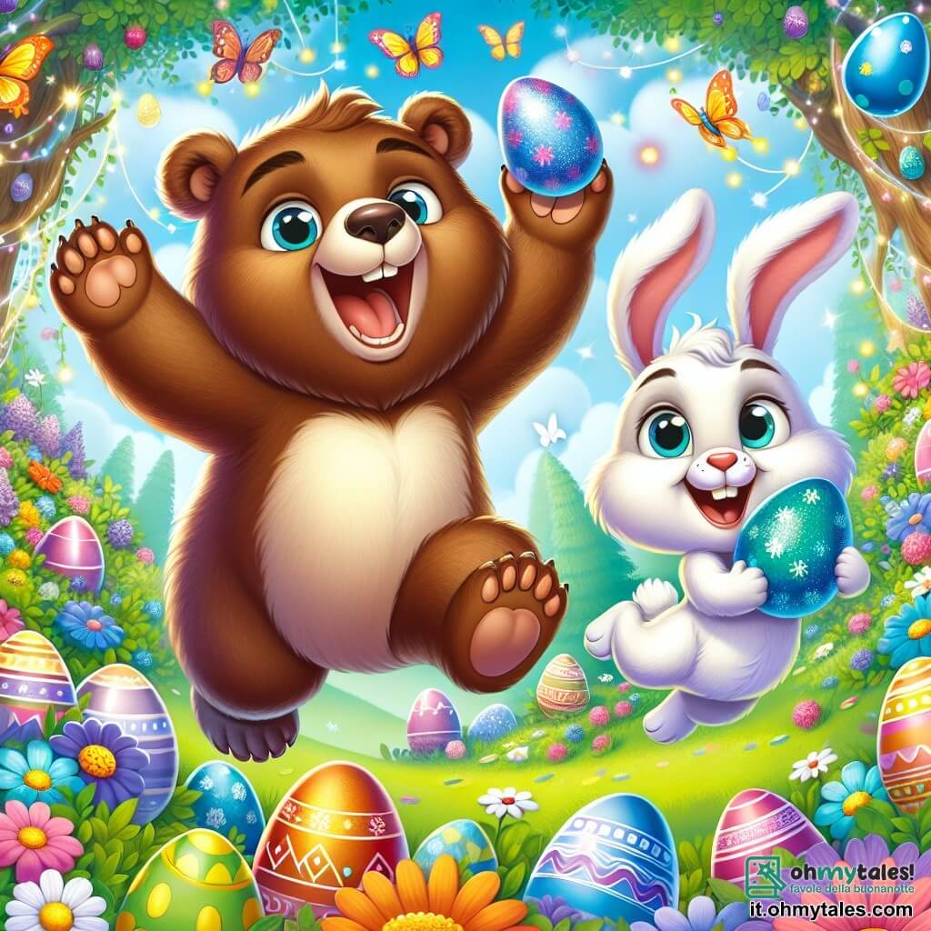 In un giardino incantato, un grande orso bruno di nome Bruno, con un pelo morbido e occhi scintillanti di eccitazione, salta di gioia scoprendo uova di Pasqua colorate. Accanto a lui, un piccolo coniglio bianco di nome Nino, con grandi orecchie e un sorriso radioso, tiene un uovo blu brillante, i suoi occhi brillano di entusiasmo. Il giardino è pieno di fiori vivaci, farfalle danzanti e uova di tutti i colori, creando un'atmosfera gioiosa e festosa. Bruno e Nino celebrano la loro vittoria dopo aver trovato le uova nascoste, circondati da decorazioni di Pasqua scintillanti, pronti a organizzare una grande festa.