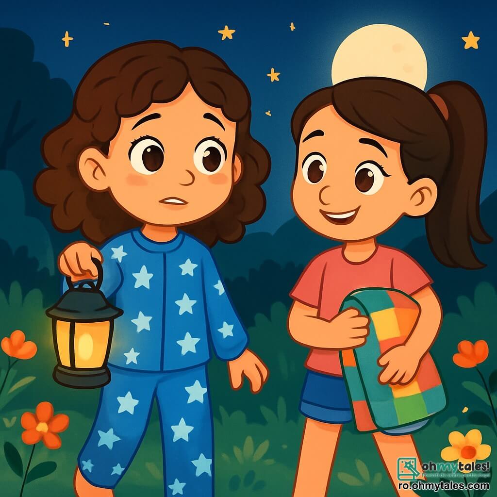O fată de 10 ani, Sofia, are ochi mari și strălucitori și păr castaniu ondulat. Poartă un pijama albastru cu stele albe, iar fața ei exprimă curiozitate amestecată cu o ușoară teamă. Ține o mică lanternă care îi luminează calea, iluminându-i zâmbetul timid. Lângă ea, cea mai bună prietenă a ei, Maria, tot de 10 ani, are părul lung și drept, prins într-o coadă de cal. Poartă un tricou roz și o pereche de pantaloni scurți din denim. Maria o privește pe Sofia cu un zâmbet încurajator, ținând o pătură colorată în brațe. Scena se desfășoară într-o grădină nocturnă, unde luna strălucește intens, proiectând umbre blânde pe iarba verde. Flori colorate înfloresc în jurul lor, iar stelele strălucesc pe cerul întunecat, creând o atmosferă magică. Sofia și Maria explorează noaptea, descoperind frumusețea lumii din jurul lor, în timp ce își depășesc frica de întuneric. Cele două prietene înaintează curajos, pregătite să trăiască o aventură sub cerul înstelat.